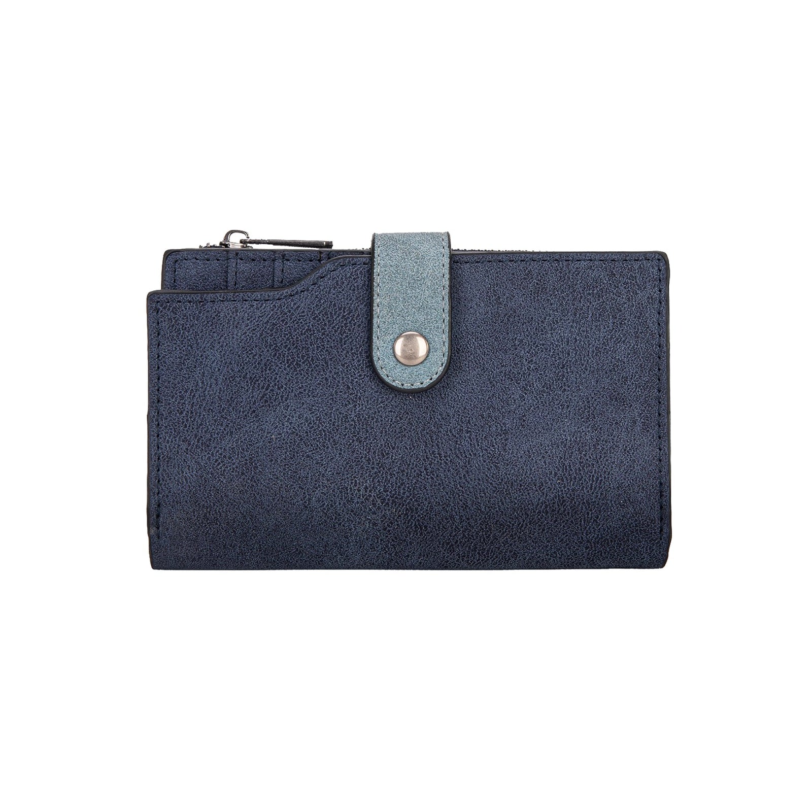 Wrangler Navy W Stitch Western Wallet. Navy blue wallet with a silver clasp on a white background