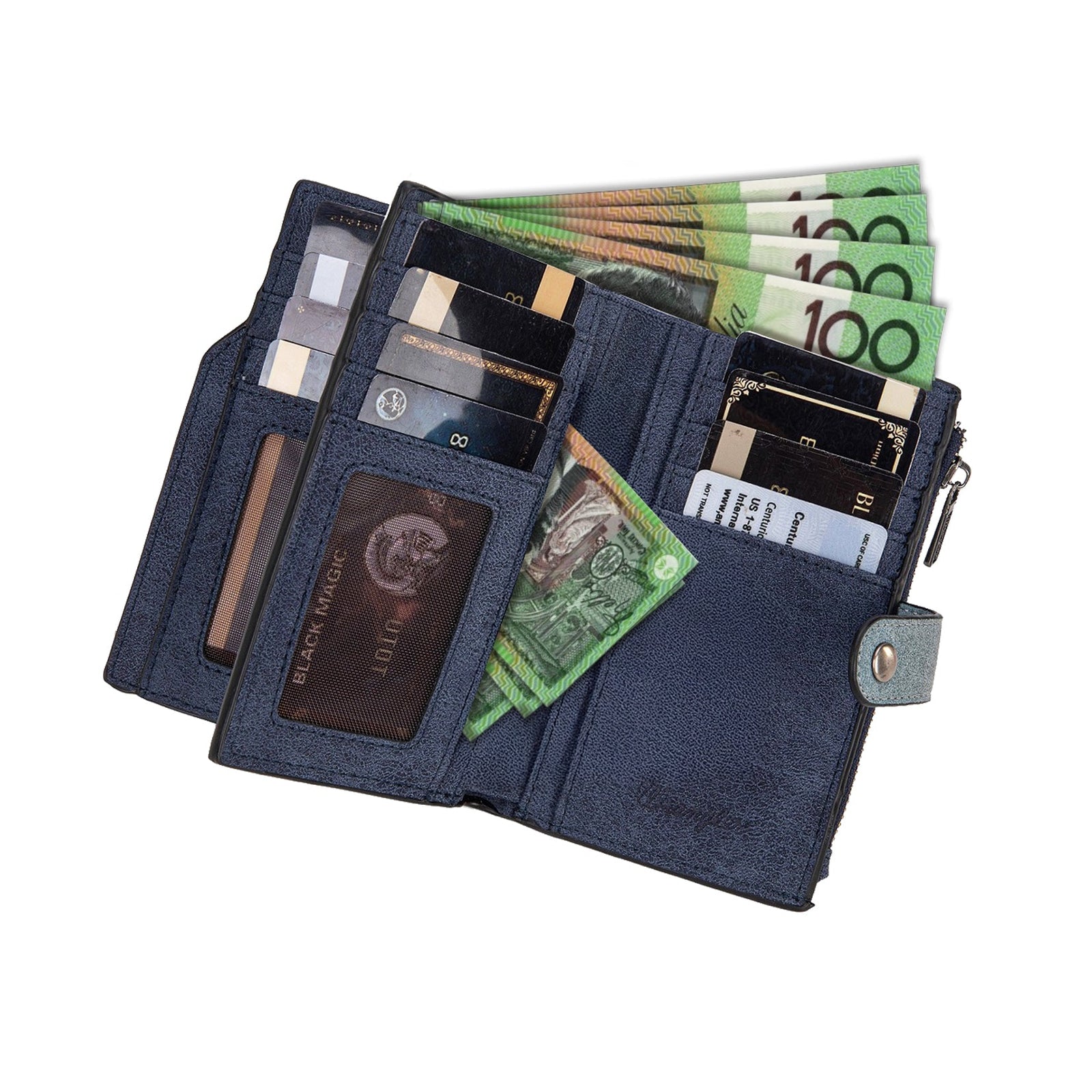 Wrangler Navy W Stitch Western Wallet. Blue wallet with money and cards on a white background