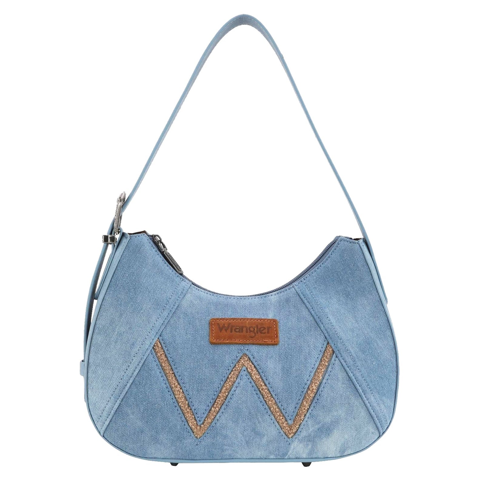 Wrangler Light Denim Willa Shoulder Bag. Blue denim handbag with a brown logo on a white background