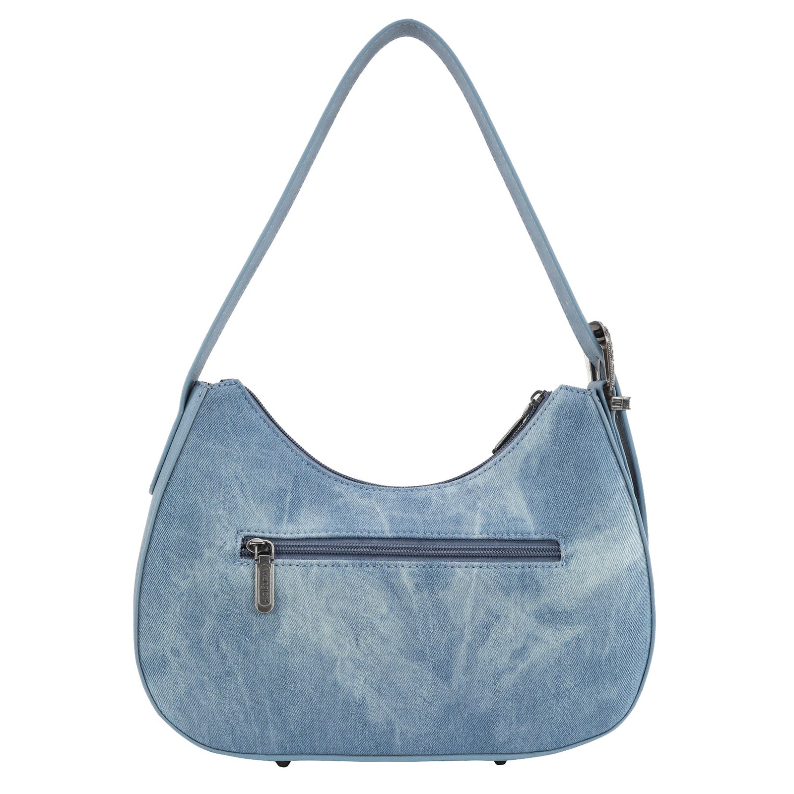 Wrangler Light Denim Willa Shoulder Bag. Blue denim handbag with a visible brand logo on a white background