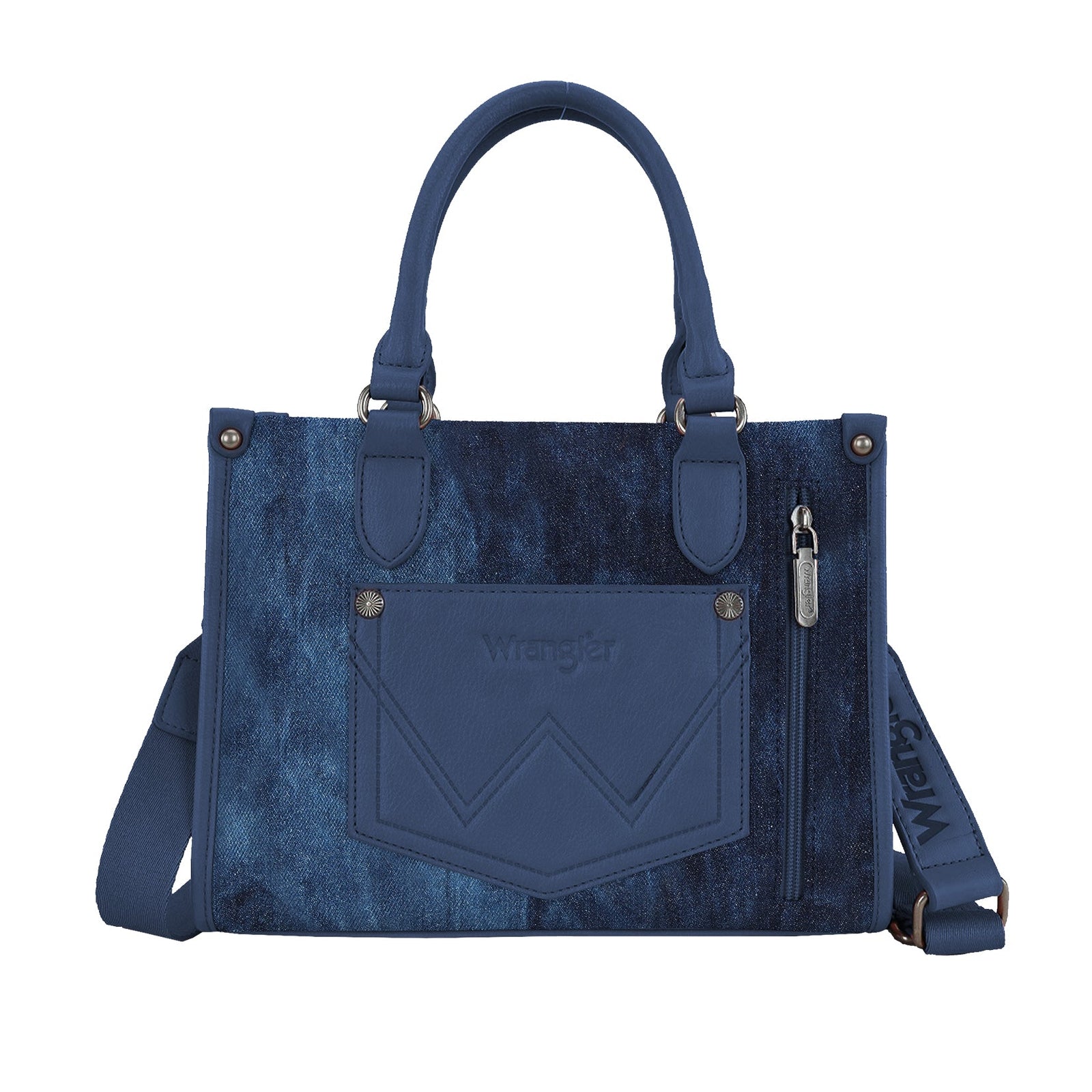 Wrangler Dark Denim Willa Crossbody Bag. Blue denim handbag with a shoulder strap on a white background