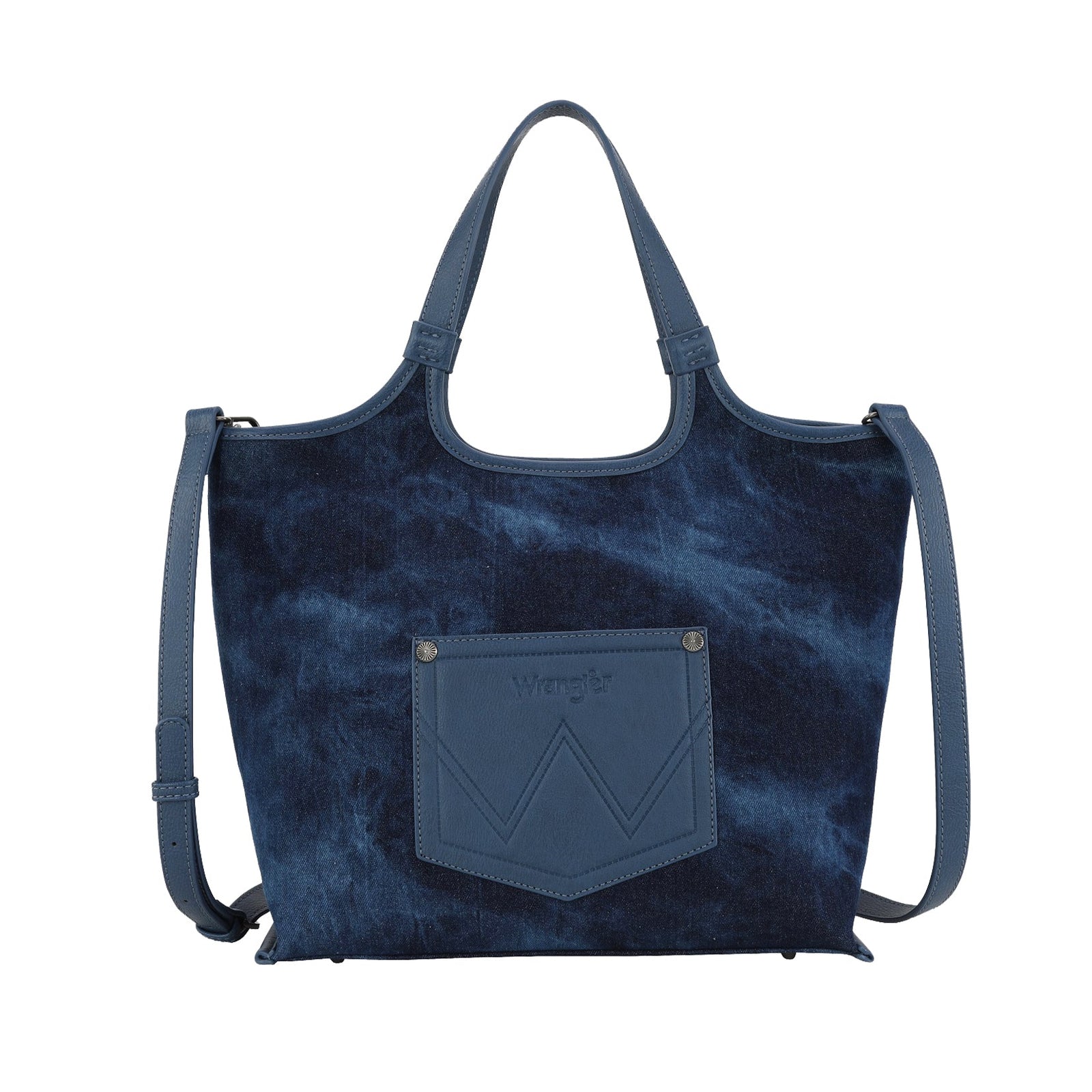 Wrangler Dark Denim Willa Tote Bag. Blue tie-dye tote bag with a pocket on a white background