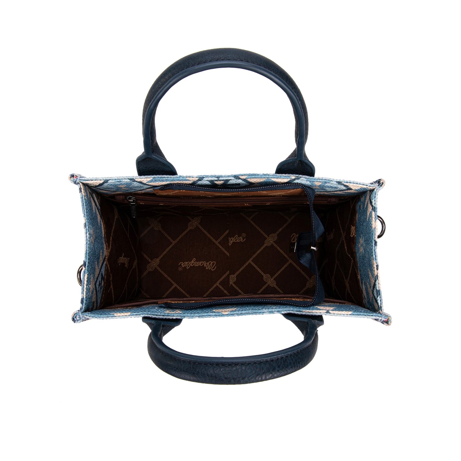 Wrangler Macy Blue Aztec Crossbody BagDesigner handbag with visible brand name on a white background