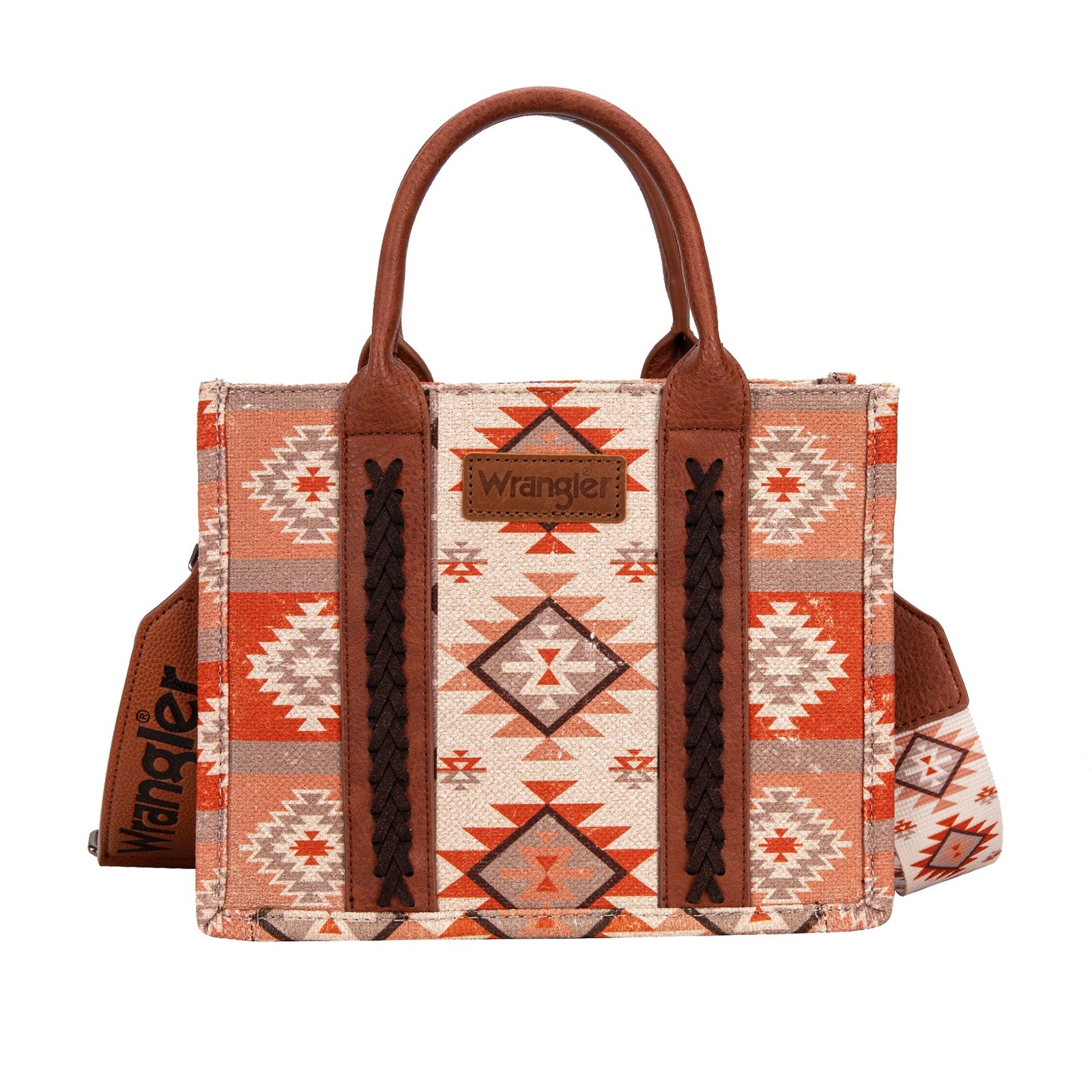 Wrangler Macy Tan Aztec Crossbody Bag. Patterned handbag with brown handles on a white background