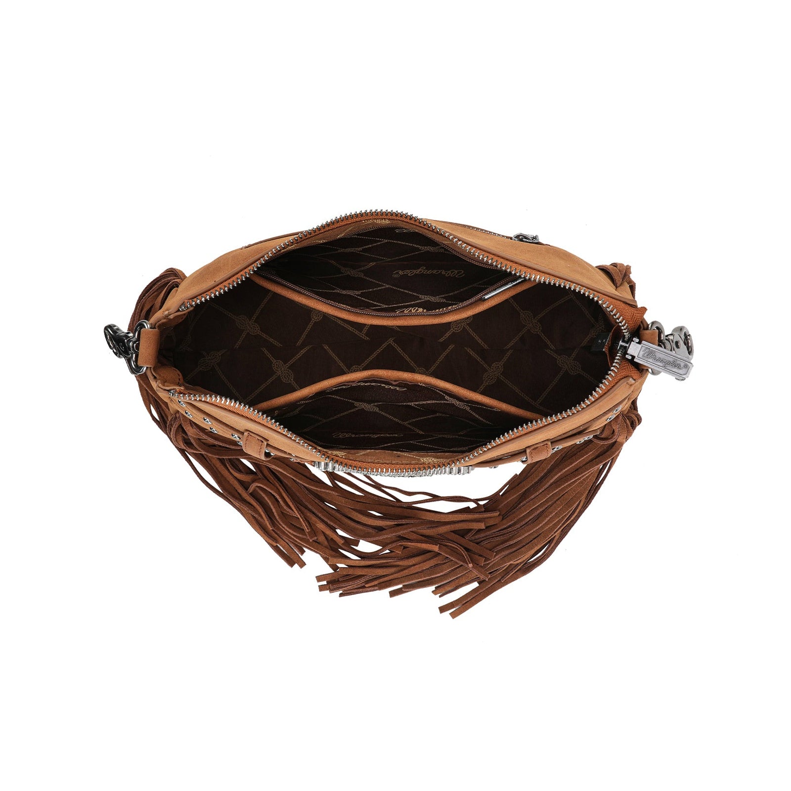 Wrangler Feature Buckle Shoulder BagBrown leather handbag with fringes on a white background