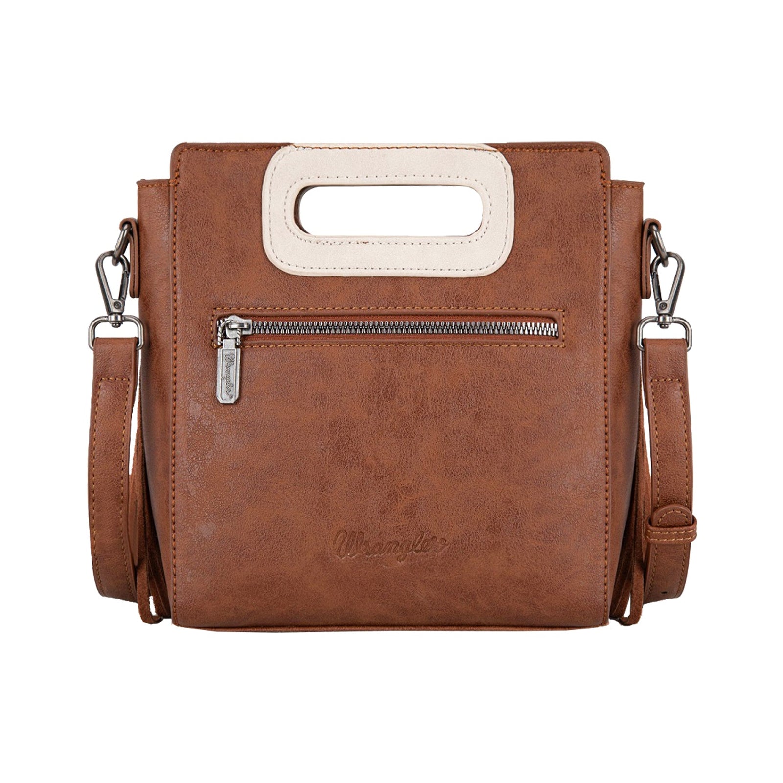 Wrangler Dallas Coffee Fringe Bag. Brown leather handbag with a beige handle on a white background
