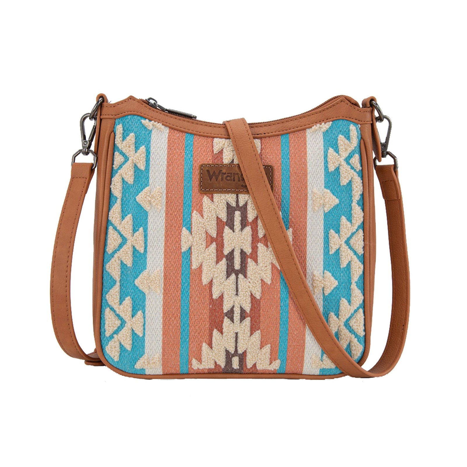 Wrangler Cilia Aztec Crossbody Bag. Crossbody bag with tribal pattern and brown strap on a white background