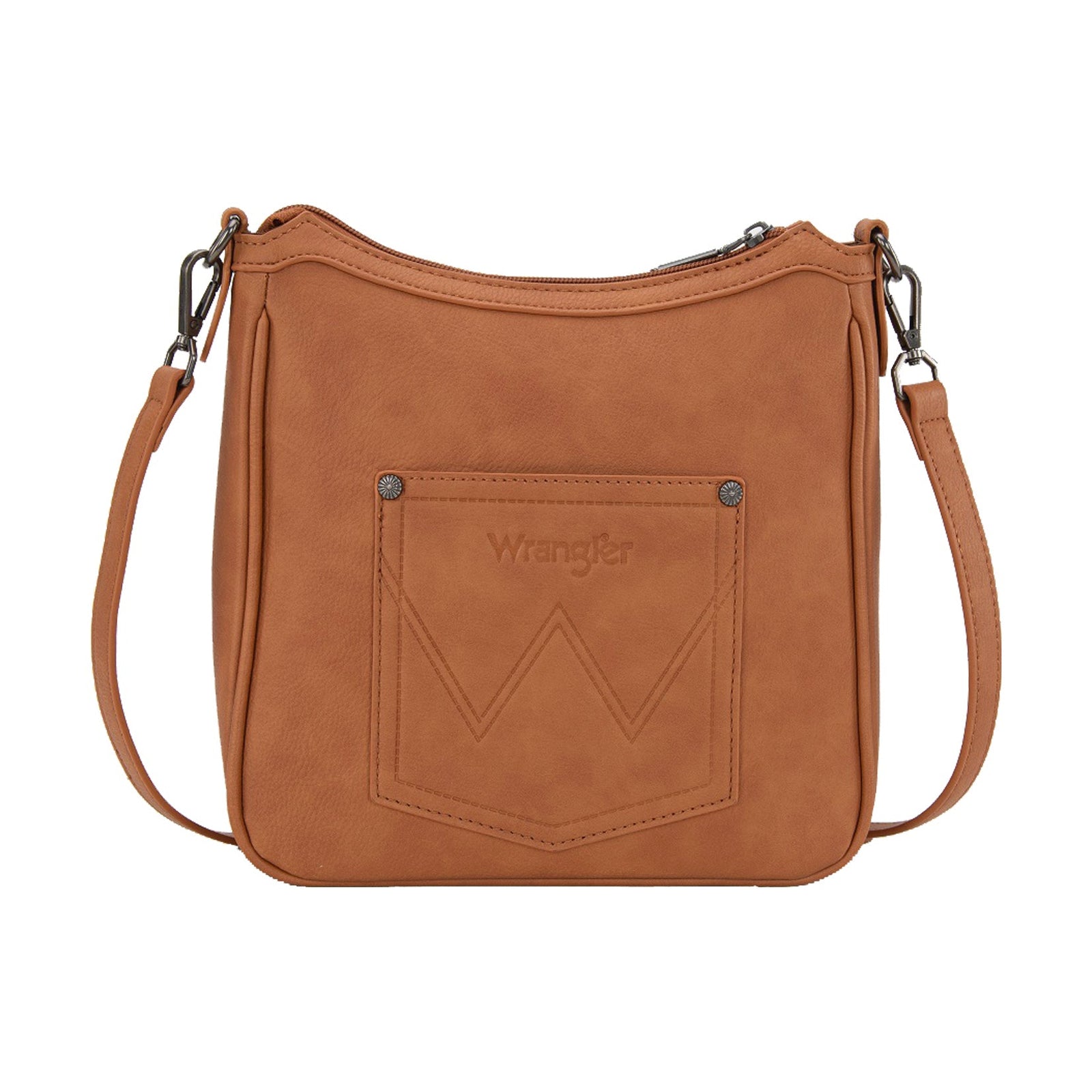Wrangler Cilia Aztec Crossbody Bag. Brown leather crossbody bag with 'Whitney' branding on a white background