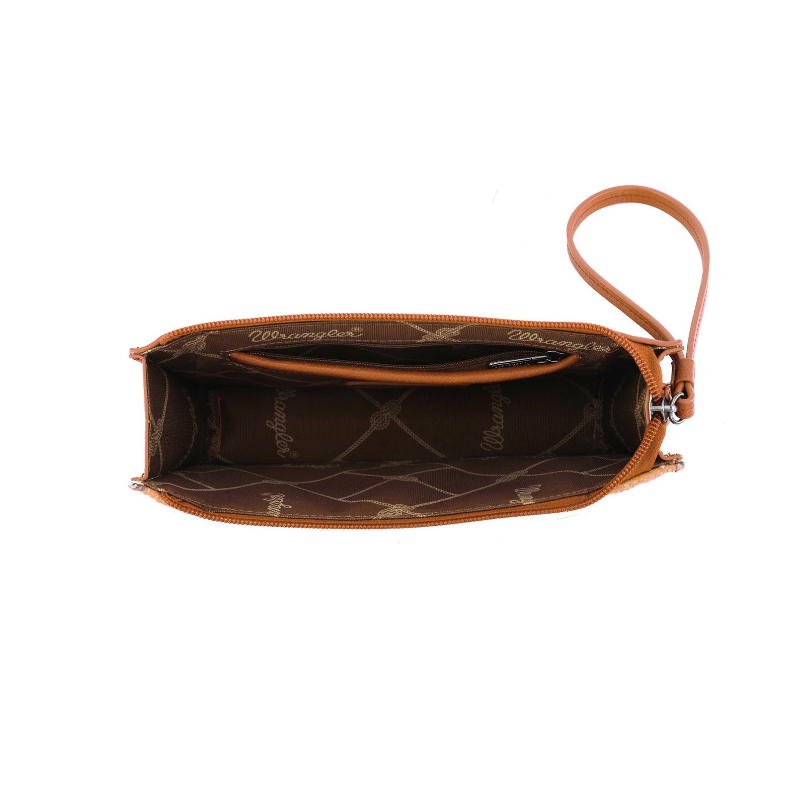 Wrangler Cilia Aztec Wristlet Purse. Brown leather handbag with a strap on a white background