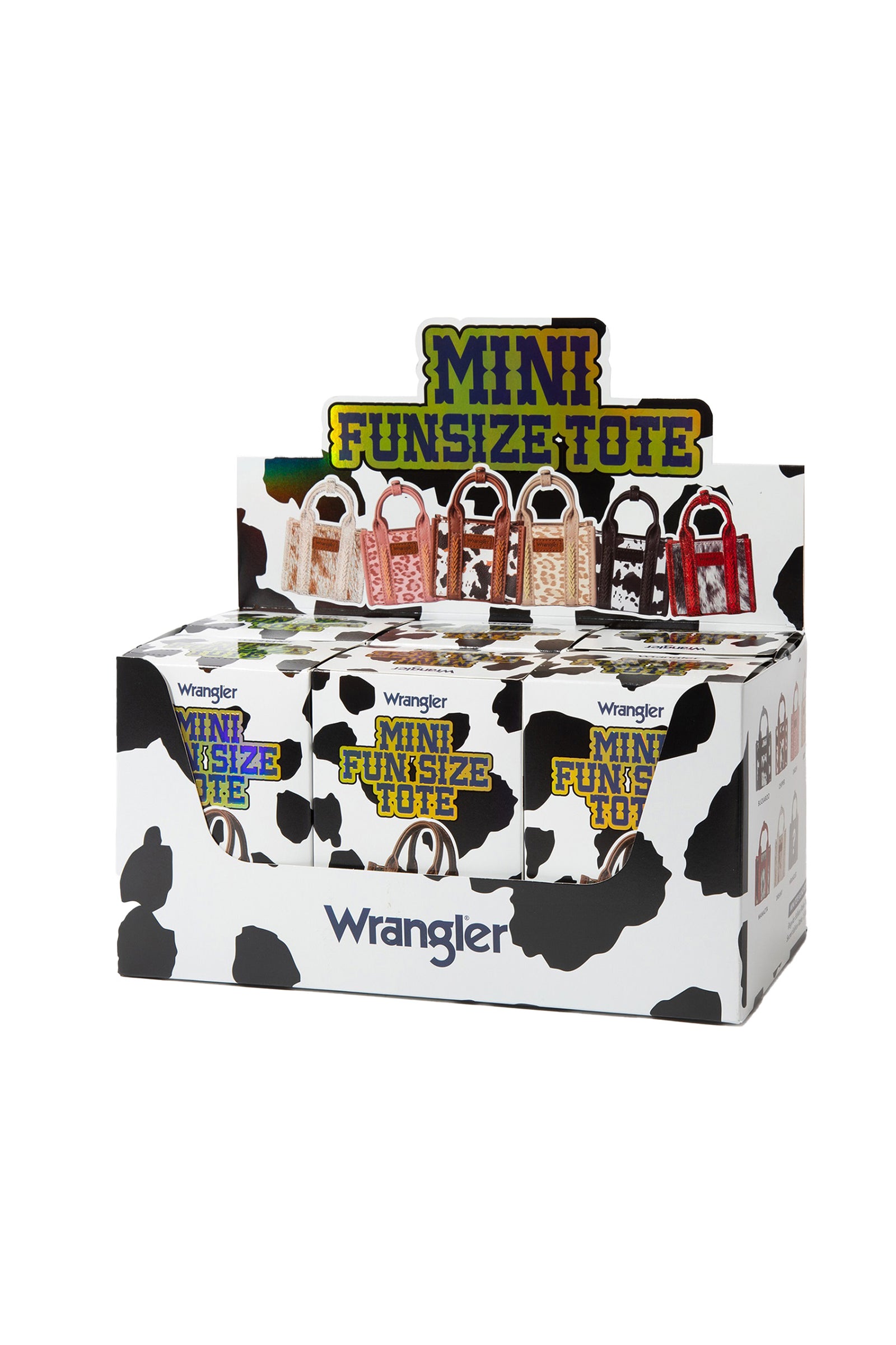 Wrangler Mini Fun Size Tote Blind Box. Display box of Wrangler mini funsize tote with cow print design on a white background