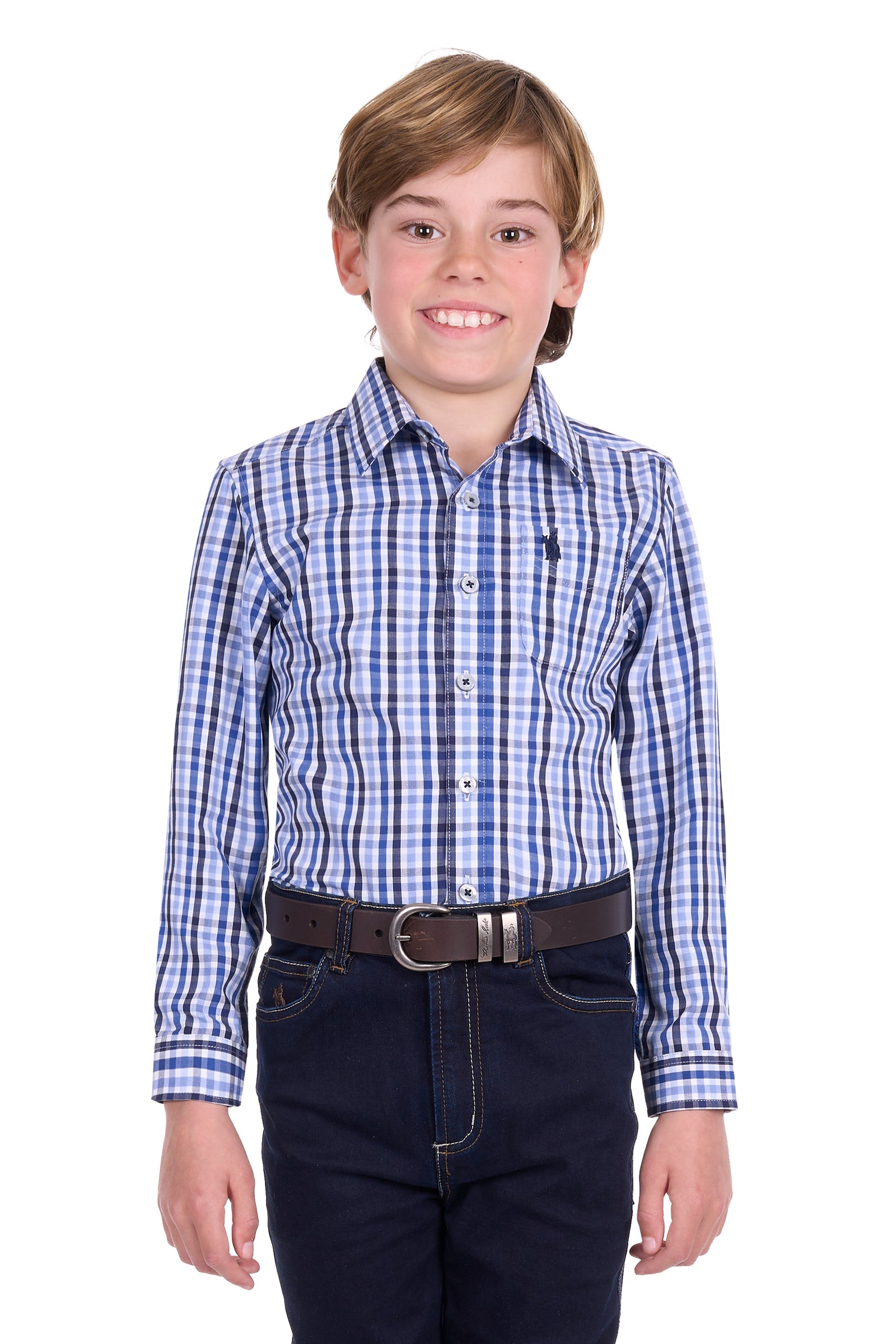 Child wearing a blue checkered shirt and dark pants on a white background