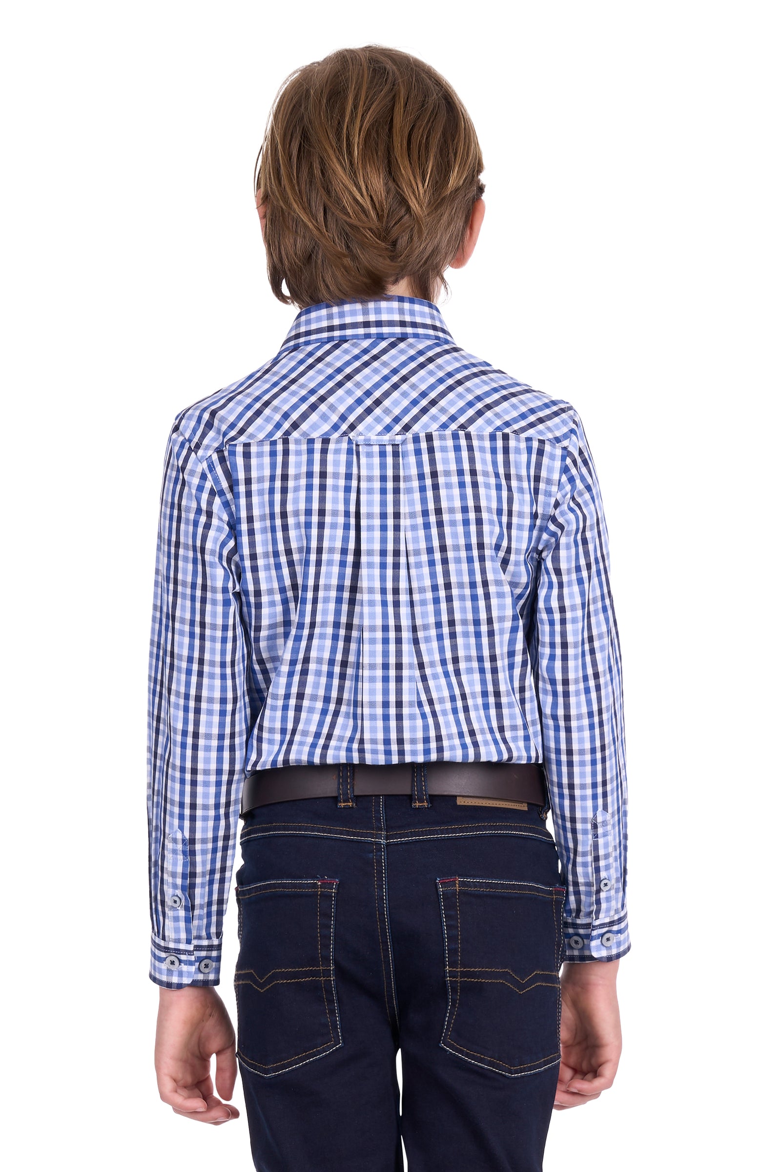 Person wearing a blue and white checkered shirt and dark jeans on a white background