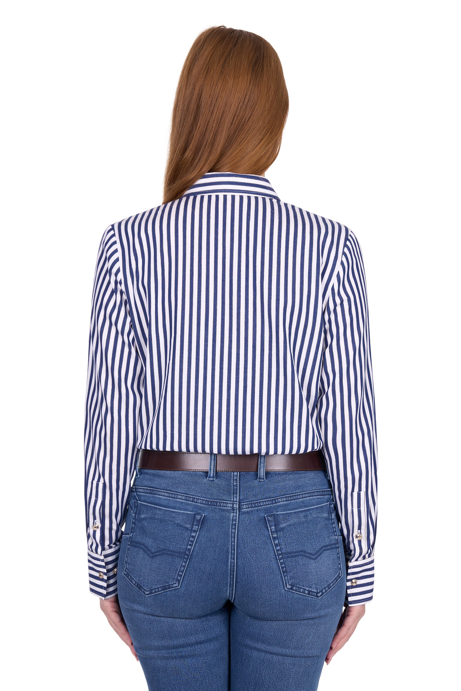Person wearing a blue and white striped shirt and blue jeans on a white background