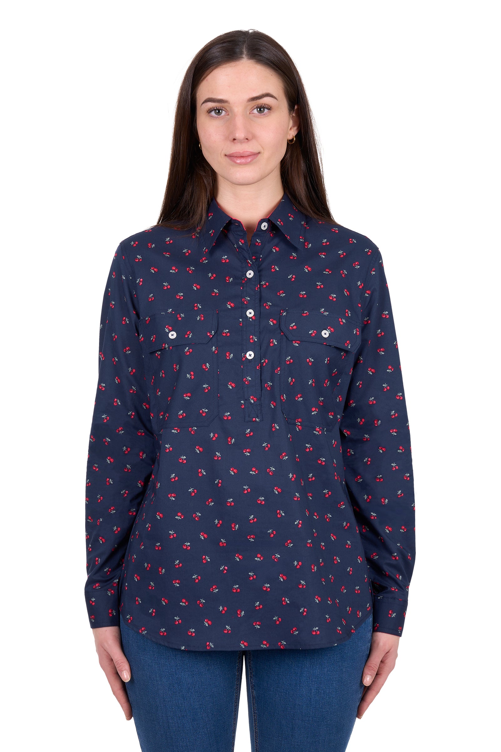Woman wearing a navy blue shirt with a subtle pattern on a white background