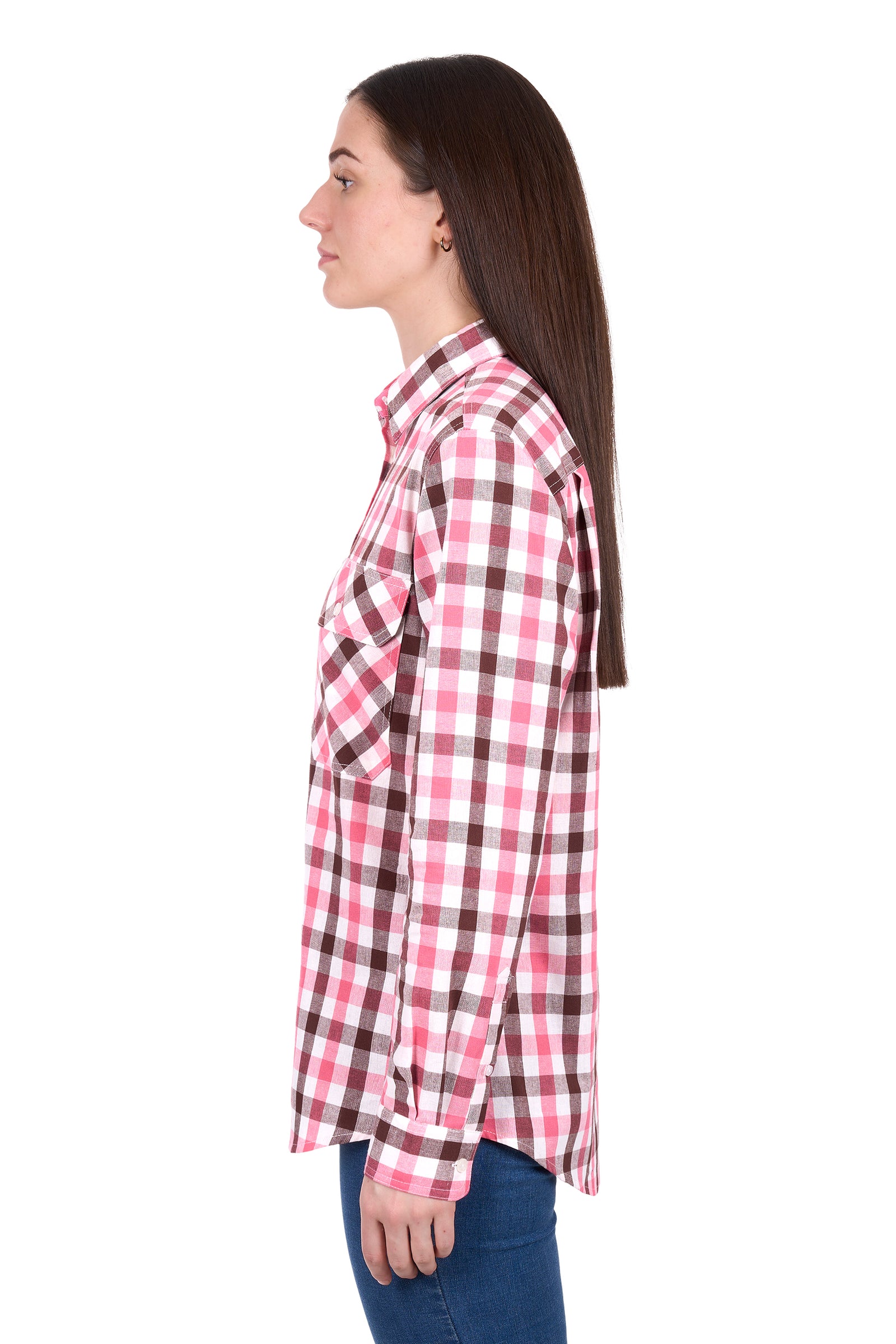 Woman wearing a pink and white checkered shirt on a white background