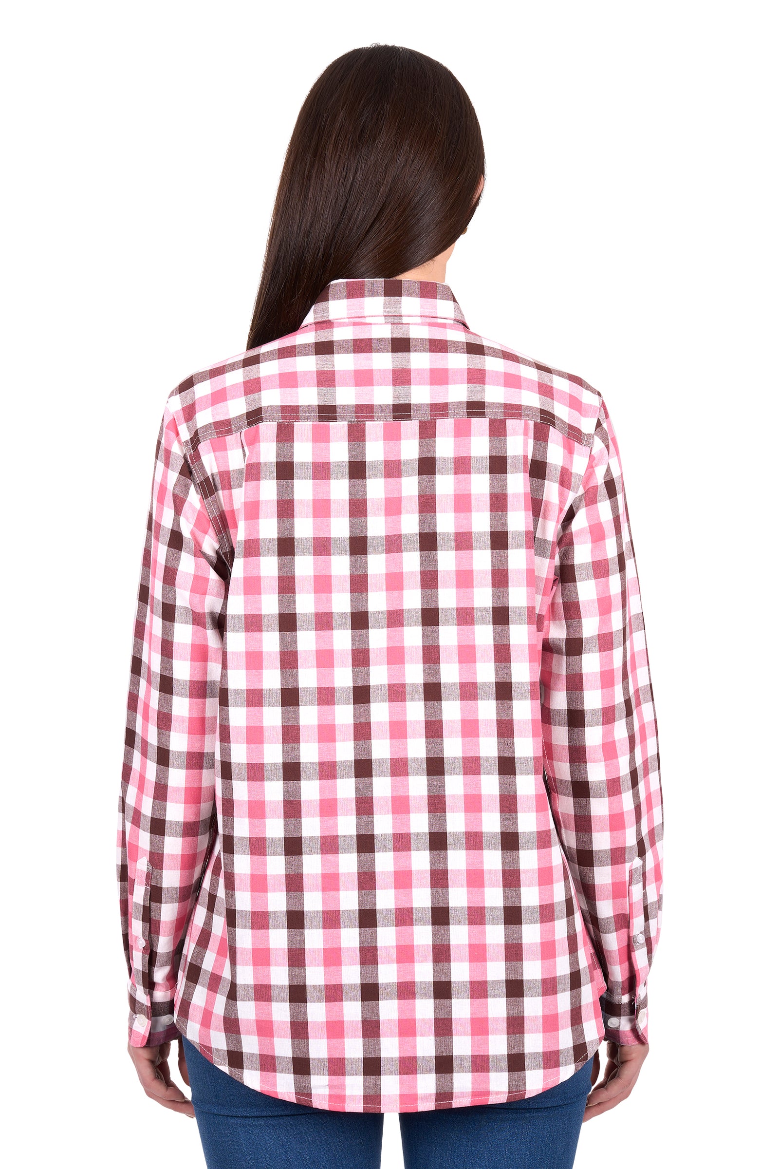 Person wearing a pink and brown plaid shirt on a white background