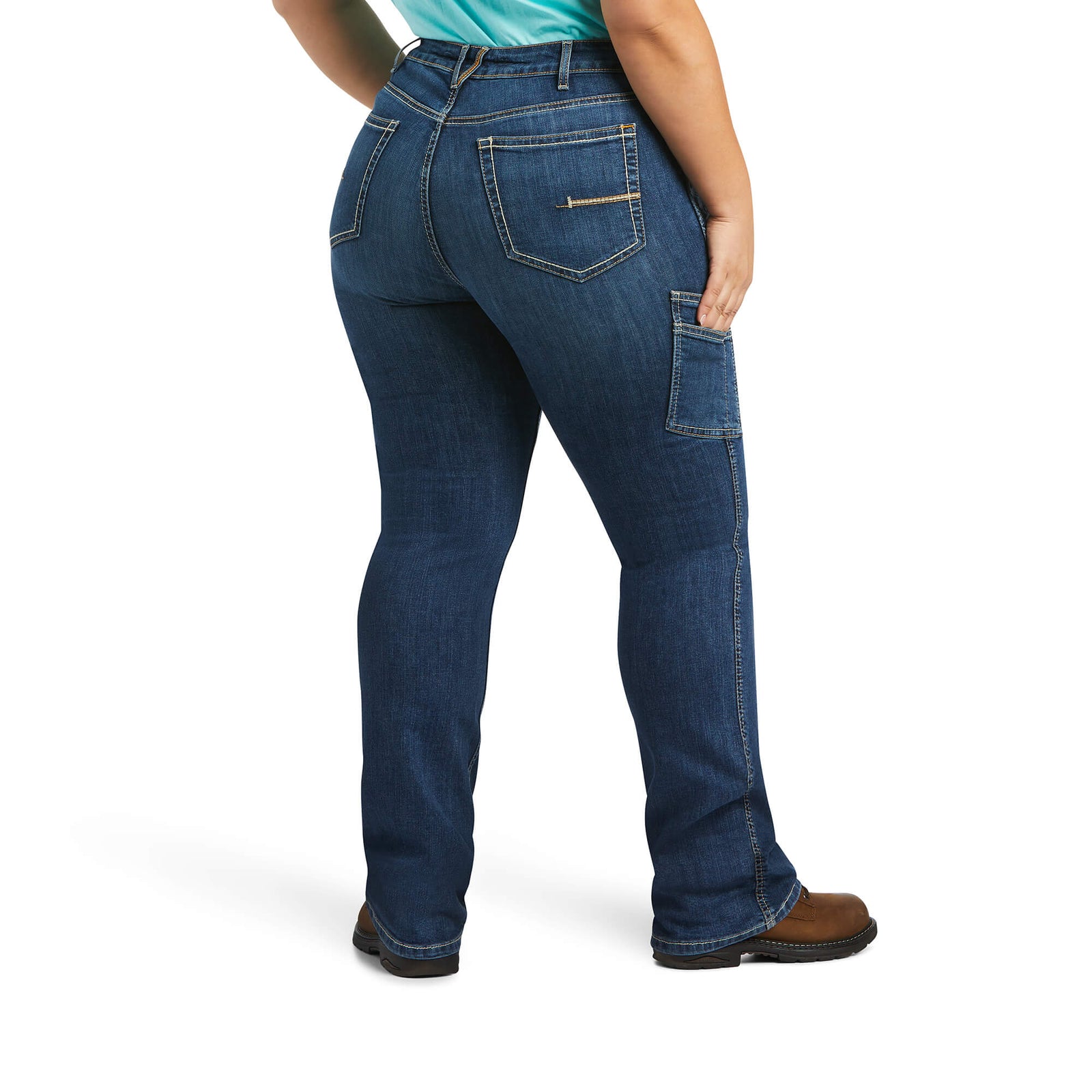 Ariat Women's Rebar Flex Perfect Rise Jean. A pair of blue Ariat women's jeans with a perfect rise fit, featuring knife pocket and utility pockets.