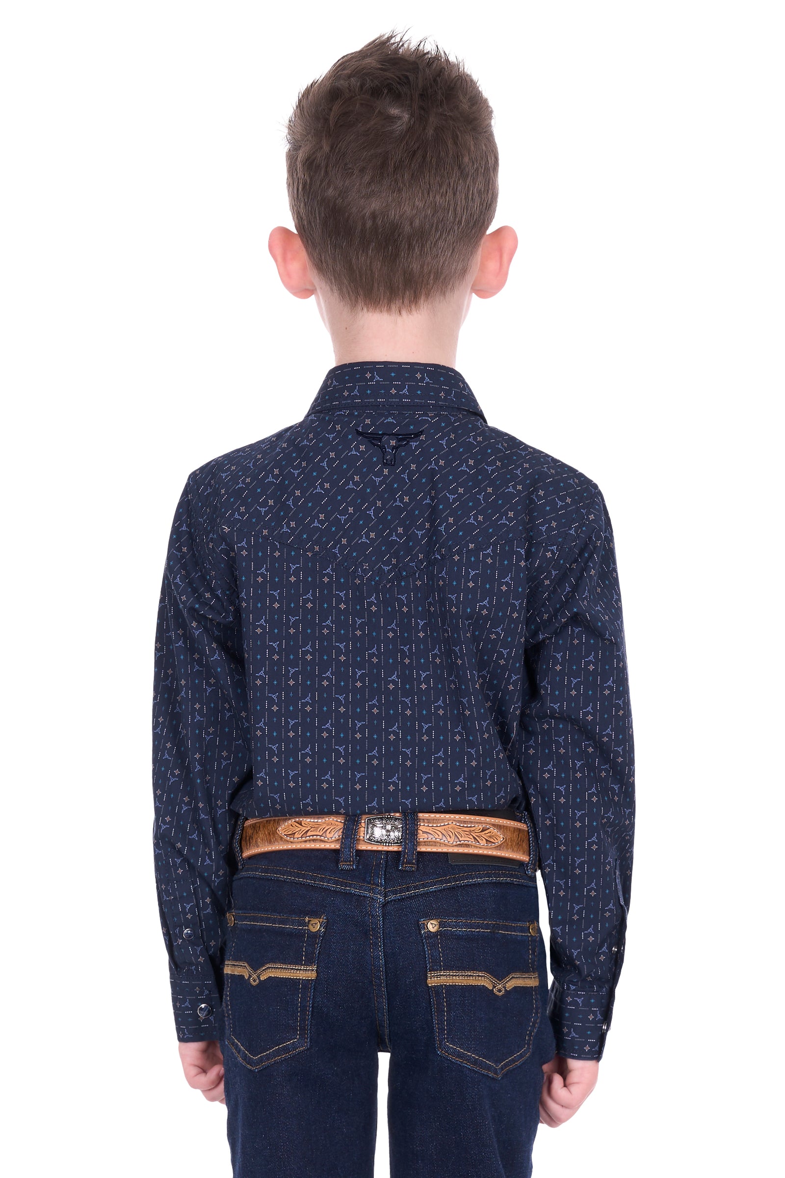 Child wearing a dark blue patterned shirt and jeans with a belt on a white background