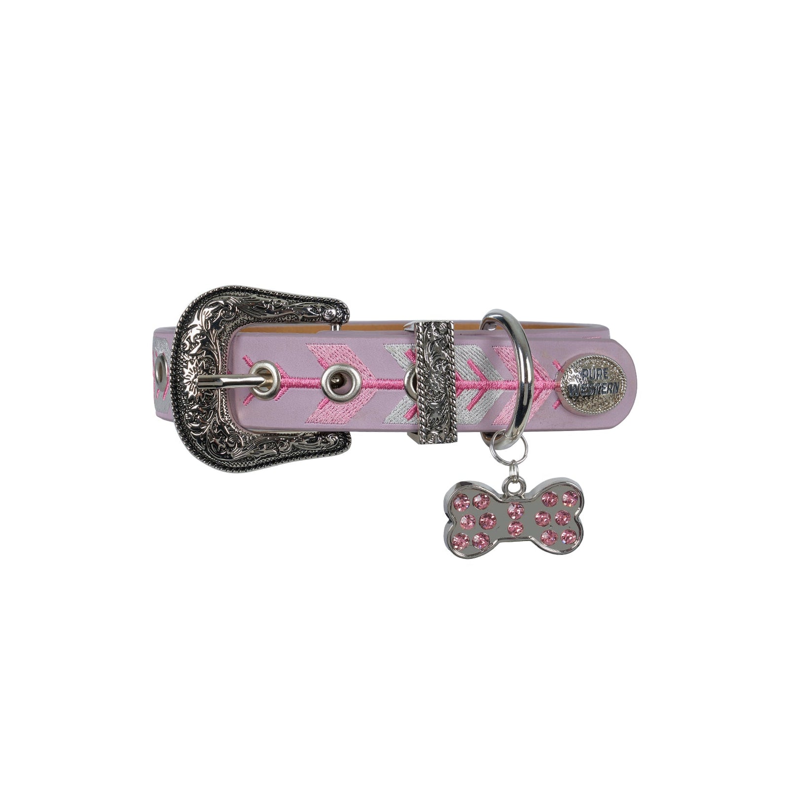 Pink dog collar with decorative elements on a white background