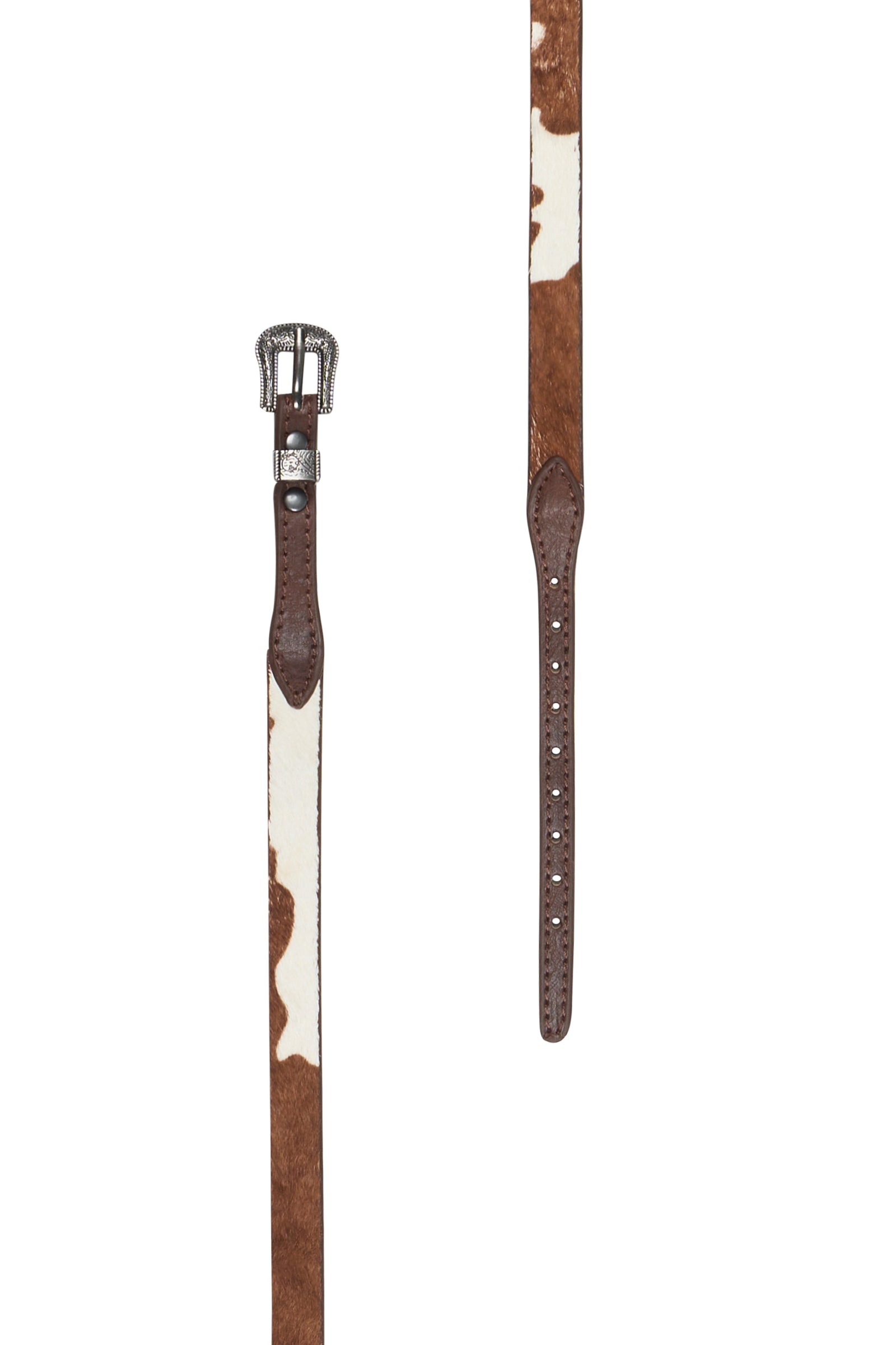 Two leather belts with cowhide pattern on a white background