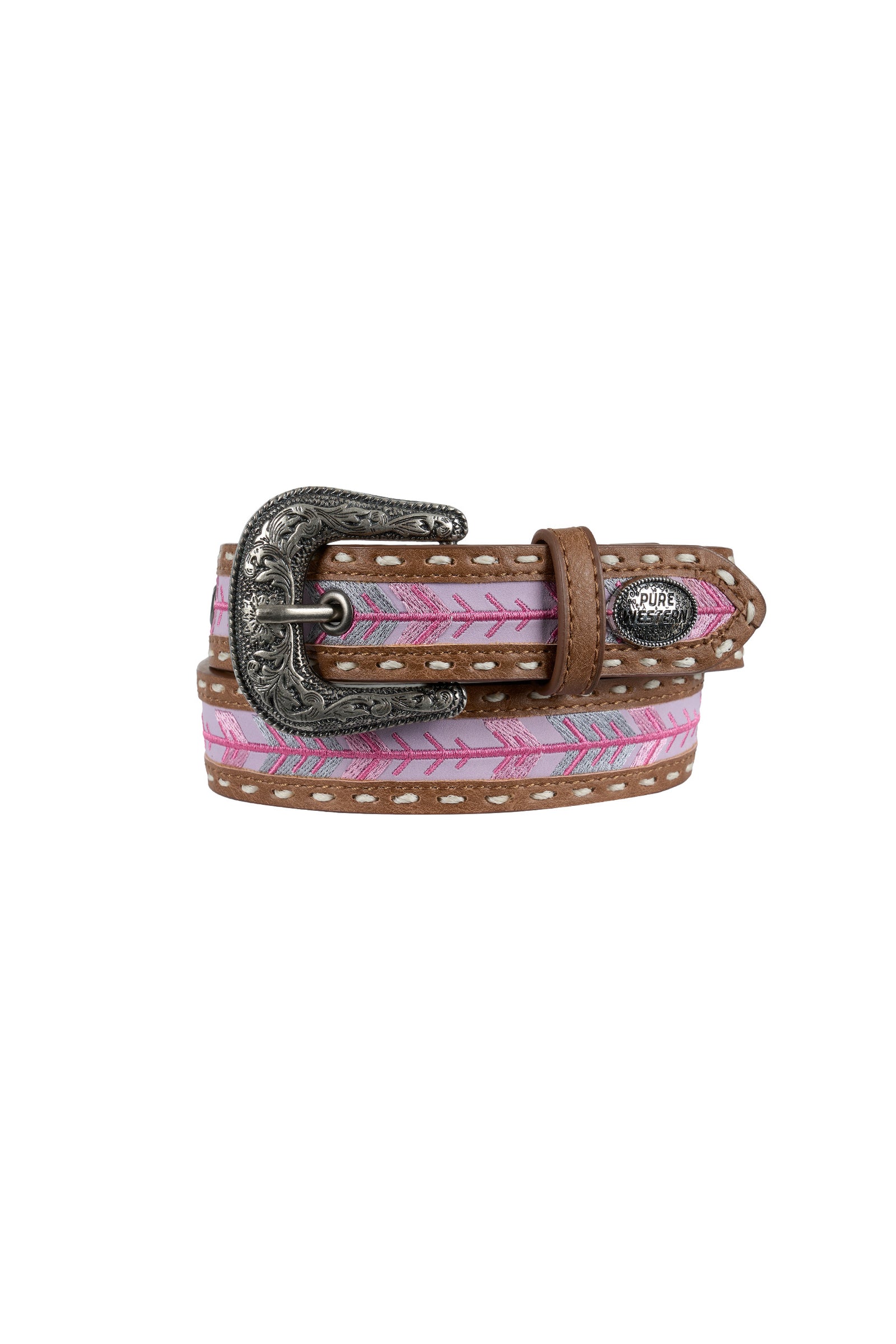 Pink and brown belt with decorative buckle on a white background