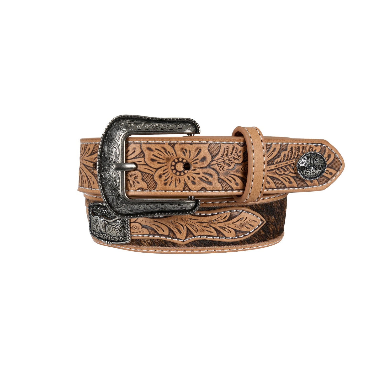 Brown leather belt with intricate designs and a black buckle on a white background