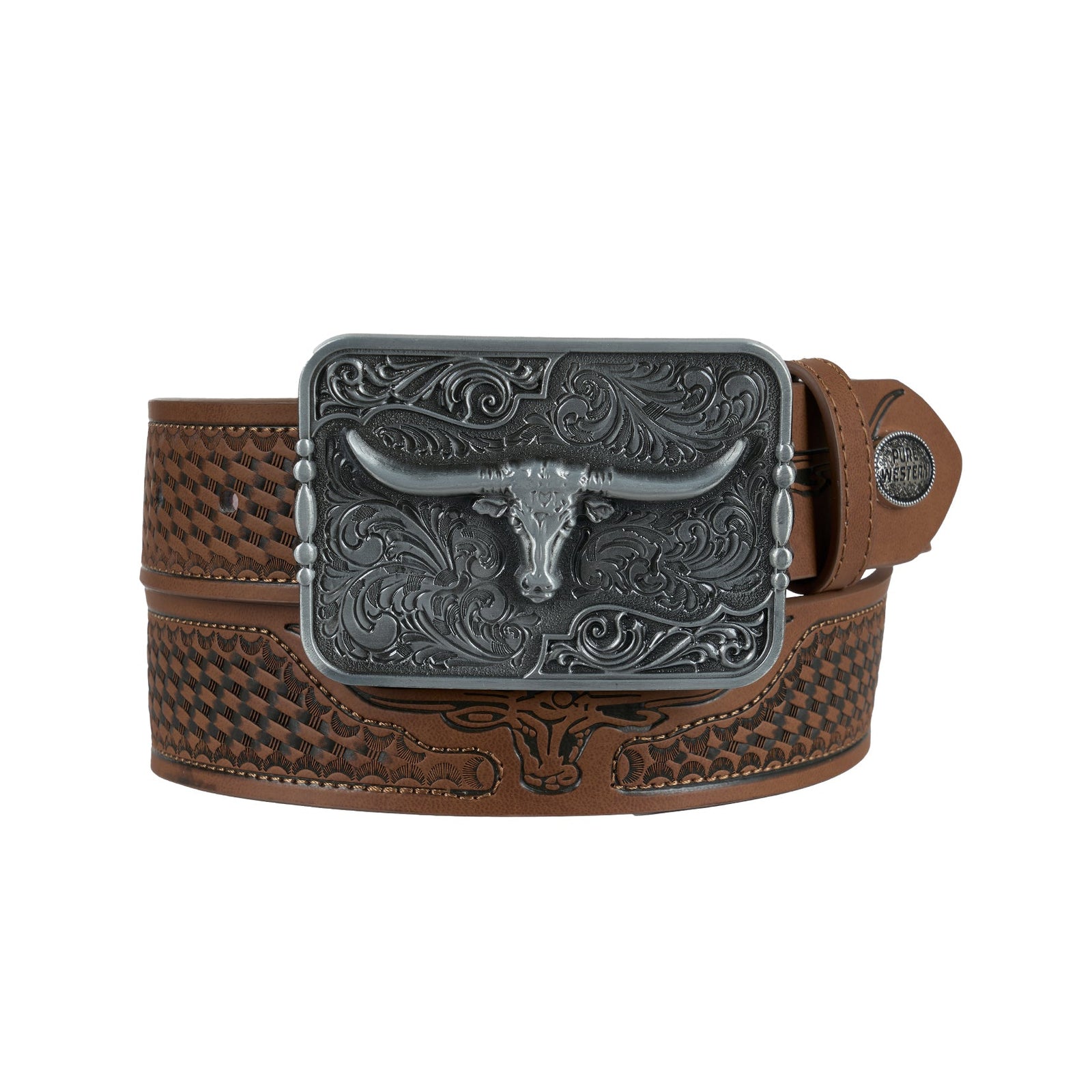 Brown leather belt with decorative buckle on a white background