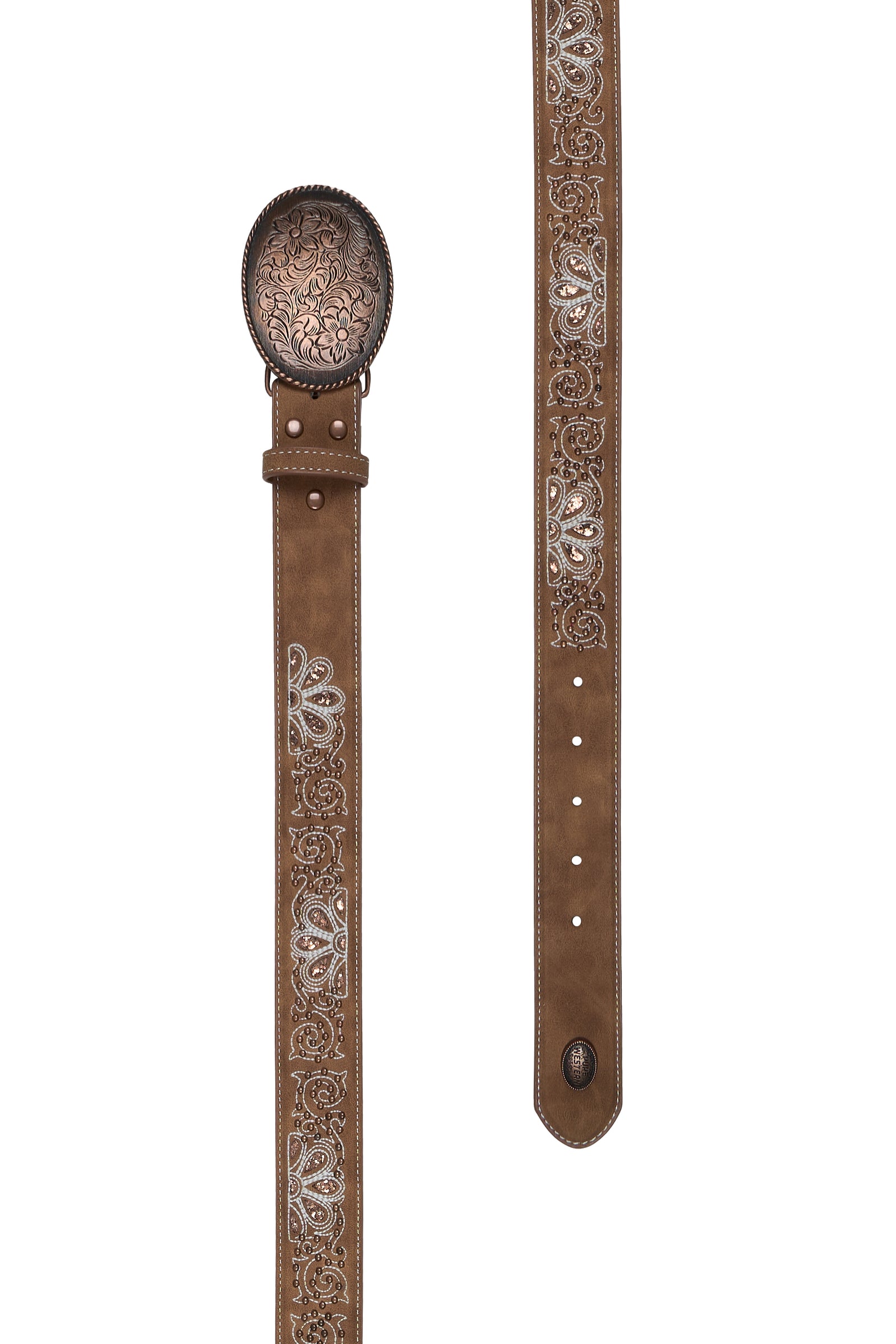 Brown leather belt with intricate silver designs on a white background