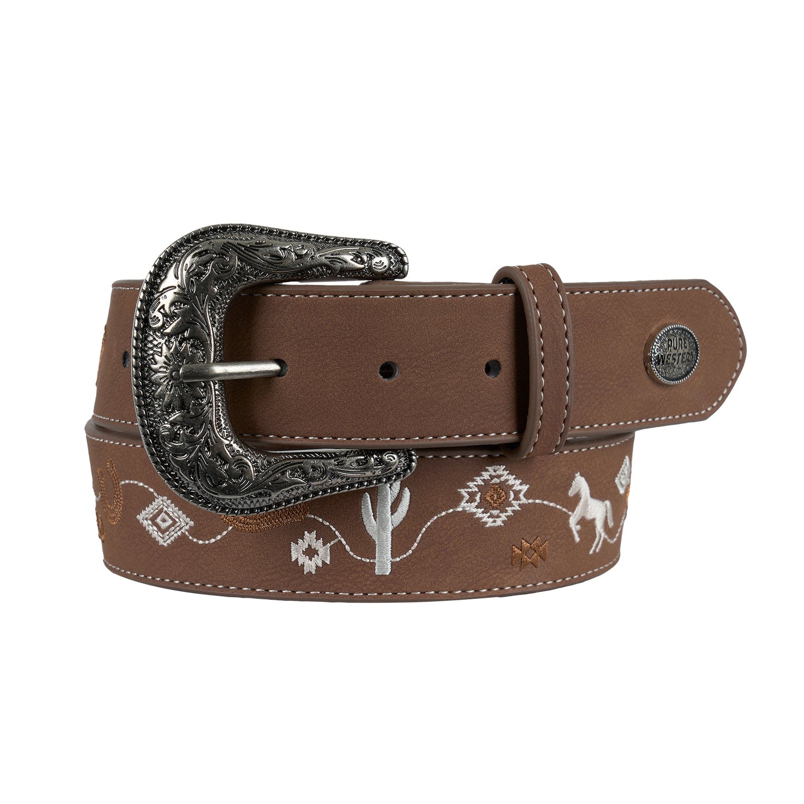 Brown leather belt with embroidered design and decorative buckle on a white background