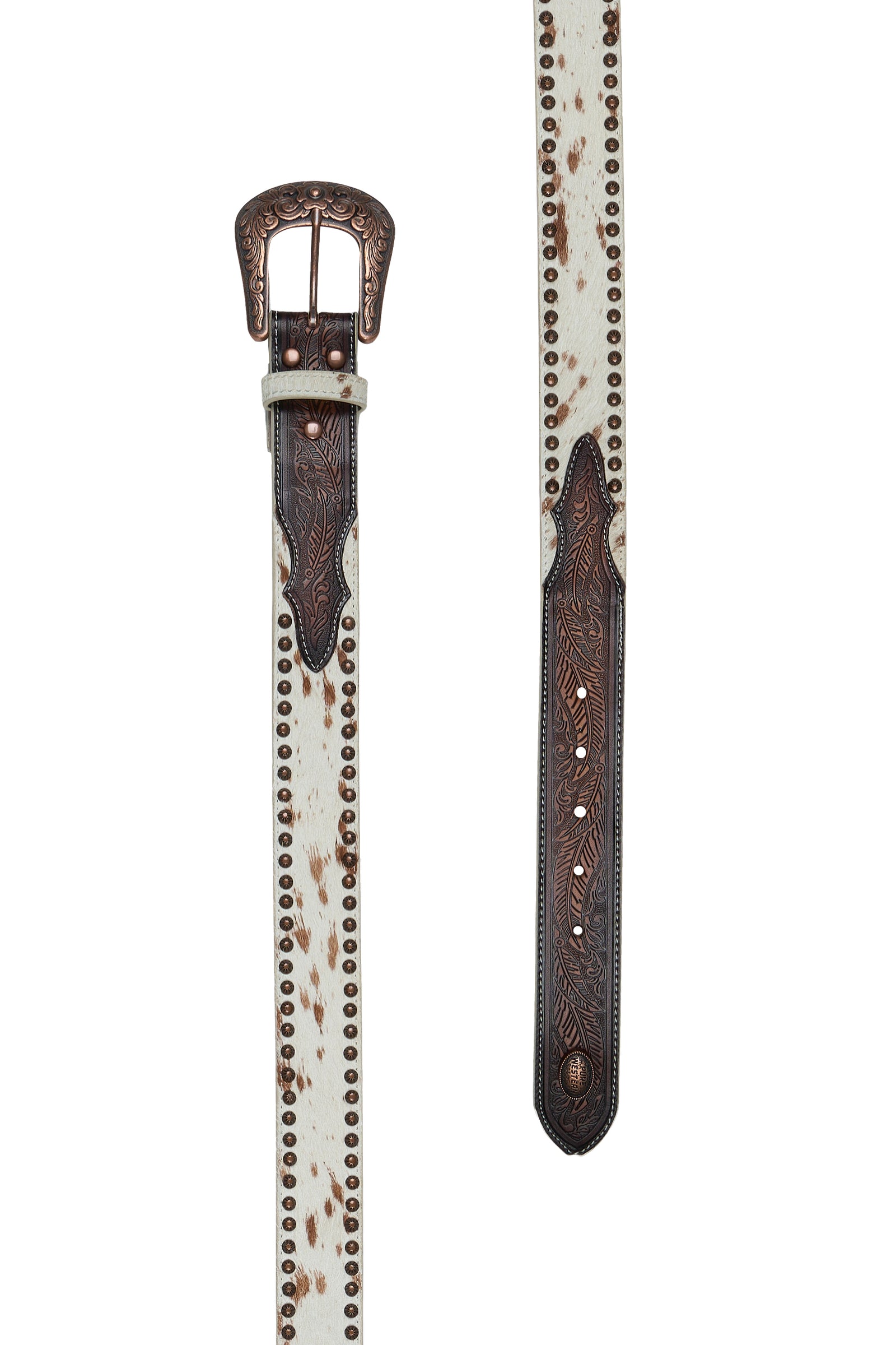 Brown leather belt with white speckled pattern on a white background