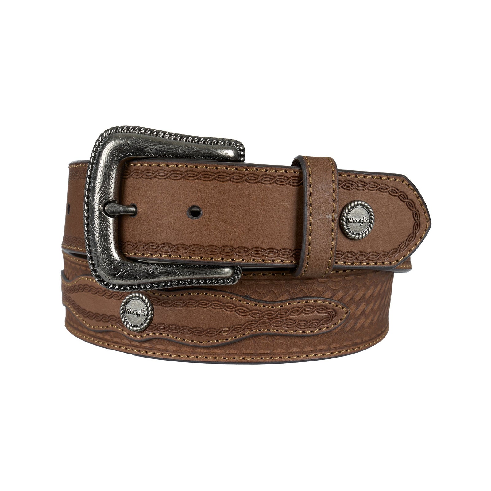 Brown leather belt with silver buckle on a white background