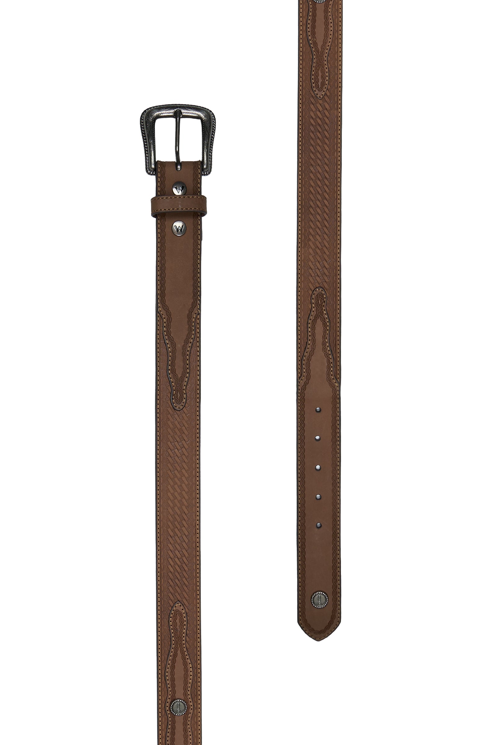 Brown leather belt with decorative stitching on a white background