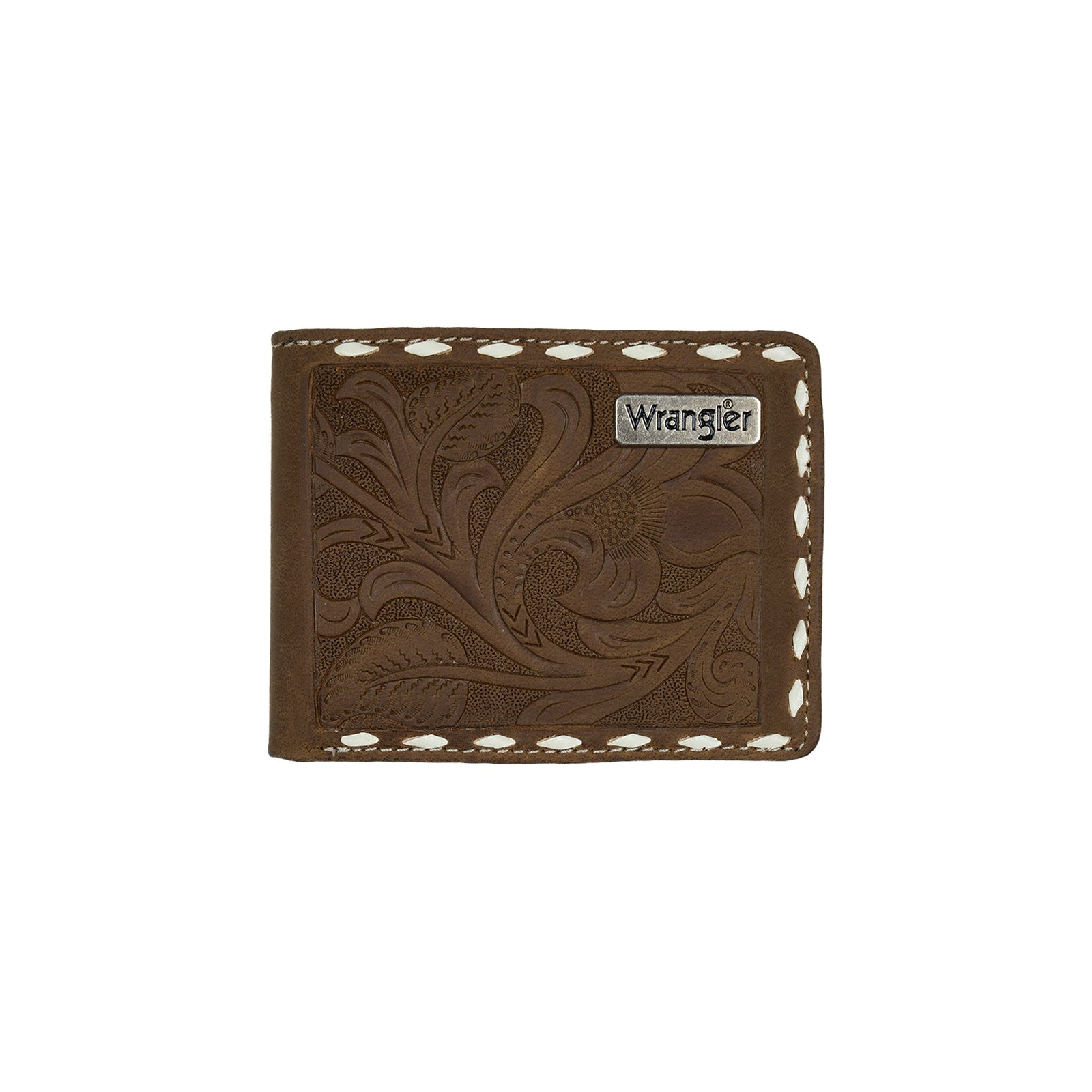 Brown leather wallet with floral embossing and 'Wrangler' branding on a white background