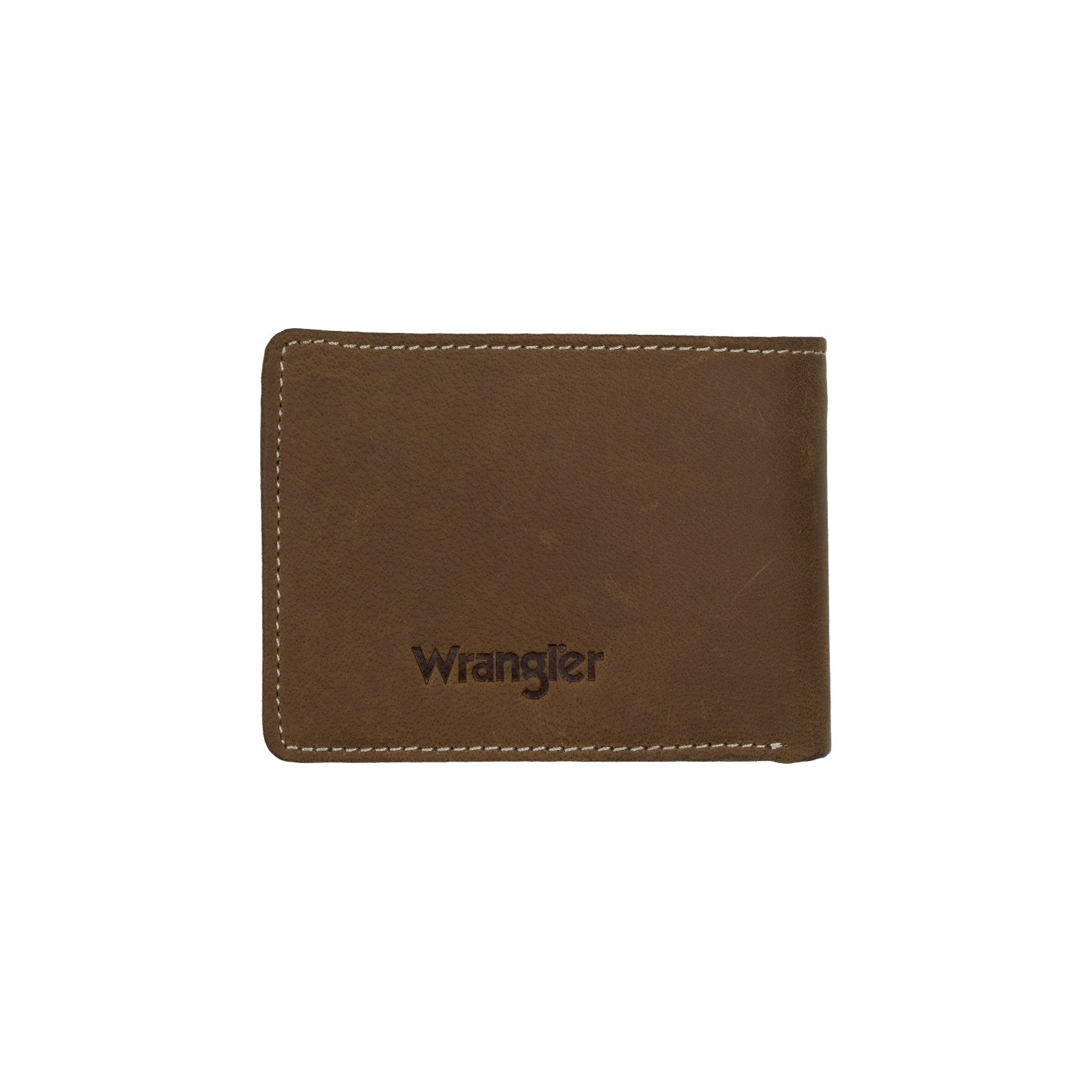 Brown leather wallet with 'Wrangler' branding on a white background
