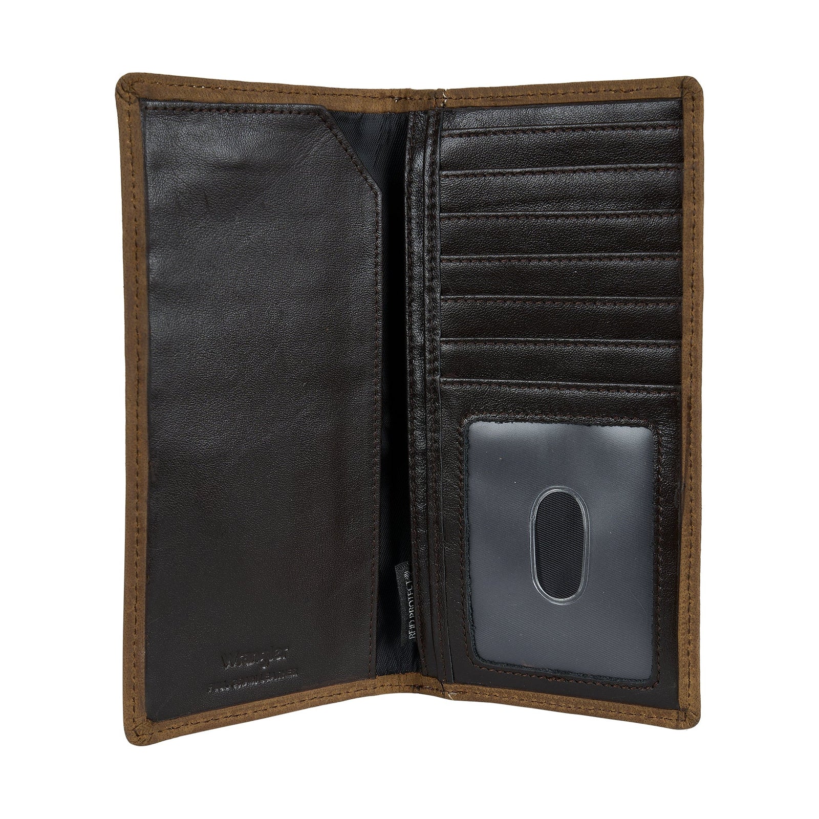 Open leather wallet with card slots on a white background