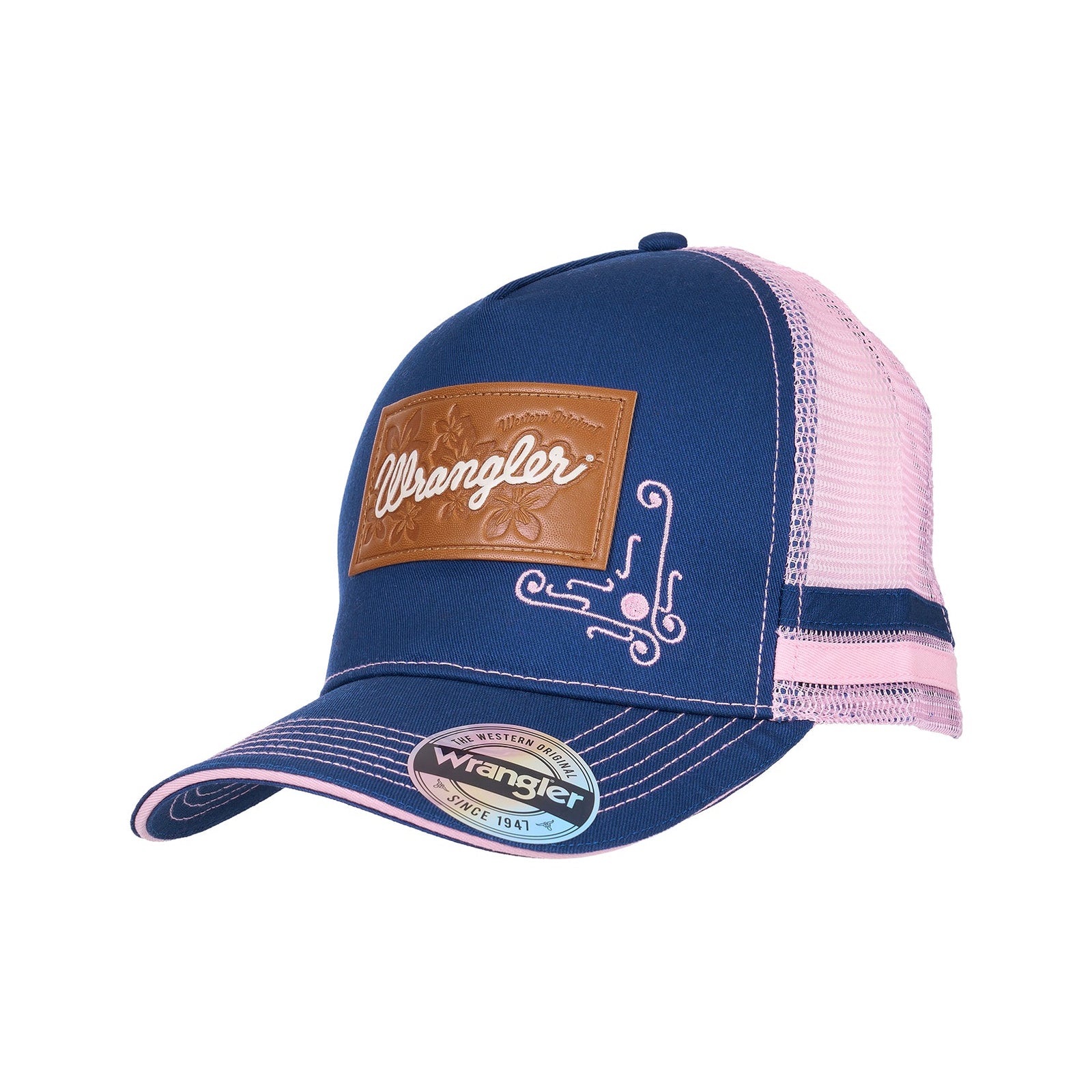 Blue and pink cap with a brown logo on a white background
