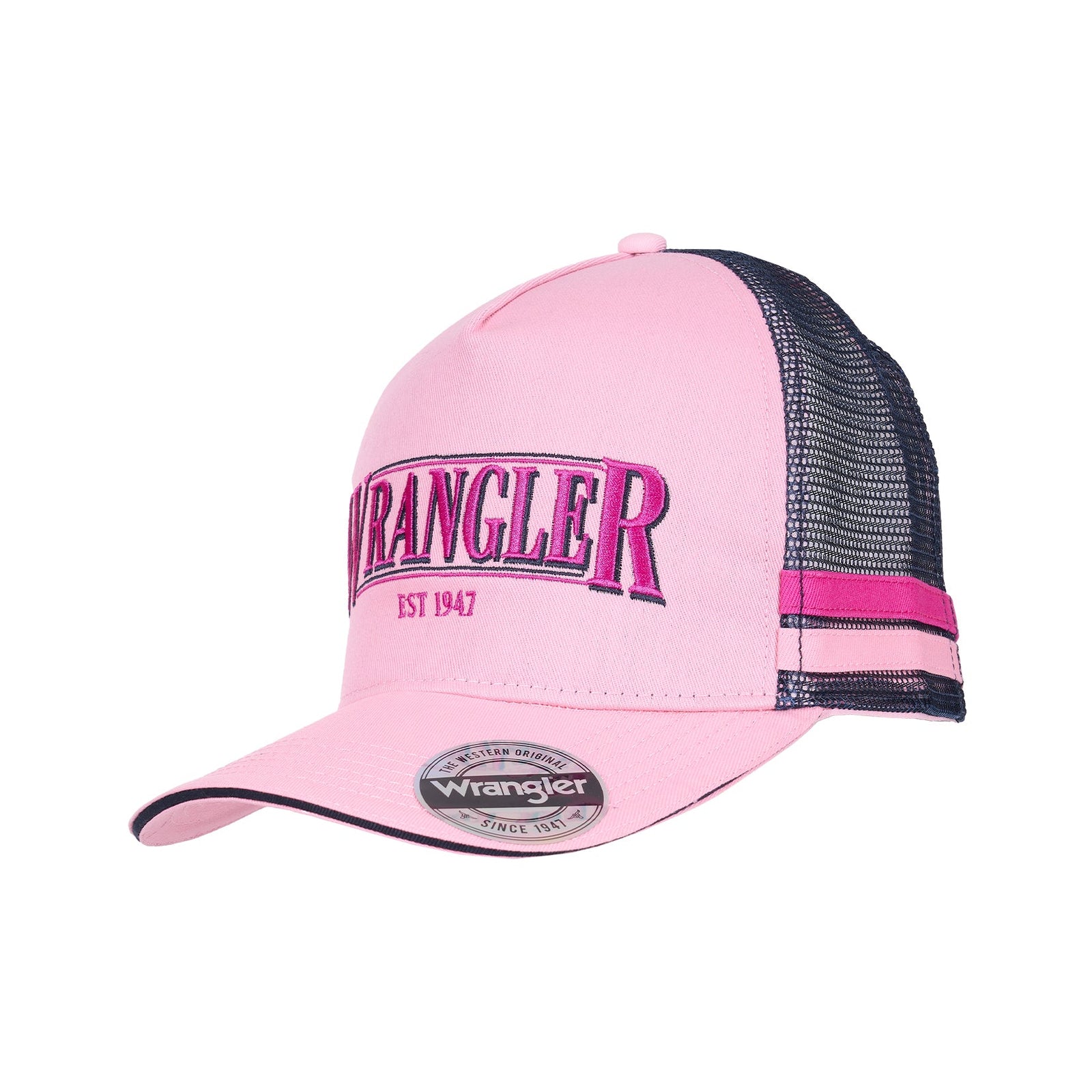 Pink cap with black mesh and pink accents on a white background
