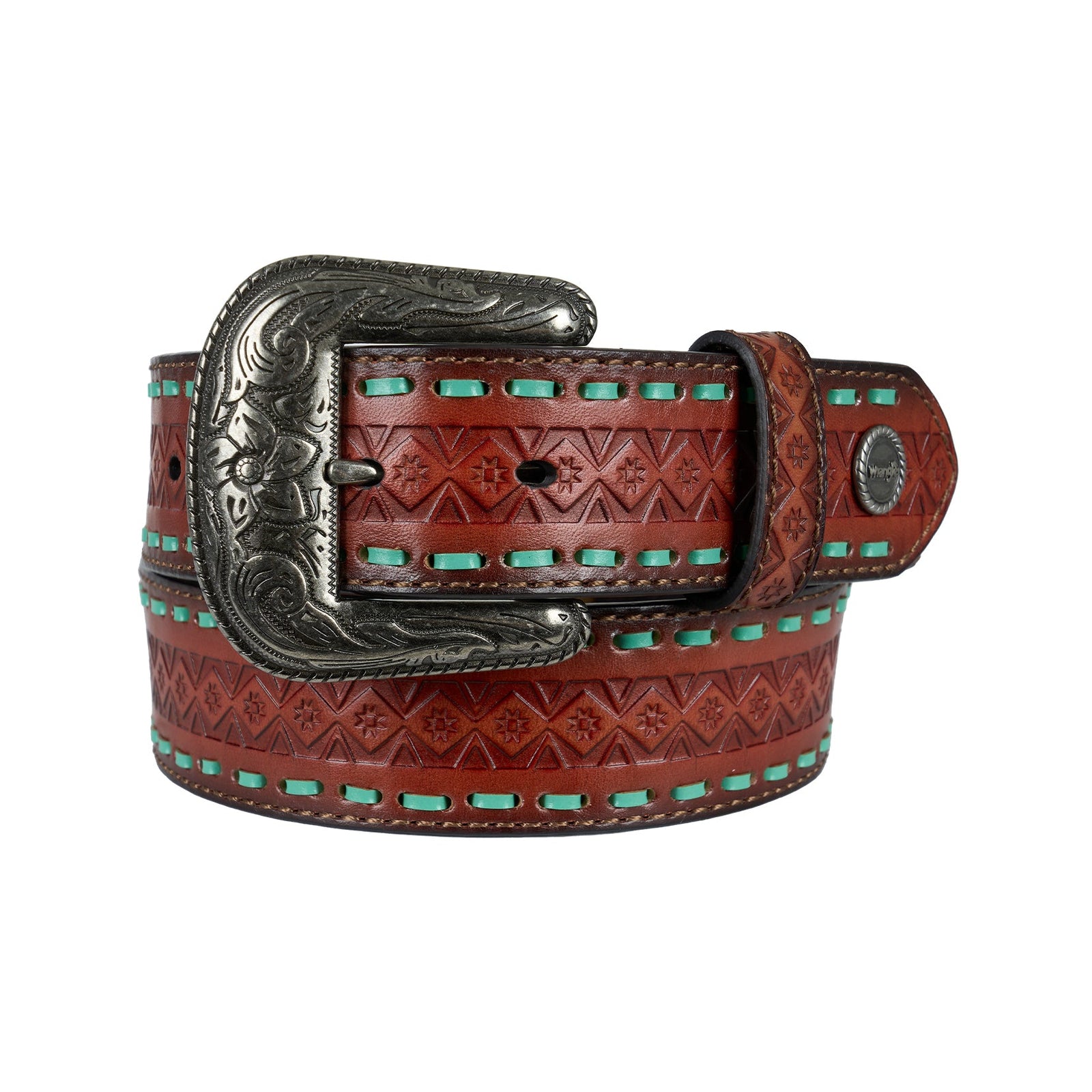 Brown leather belt with decorative buckle on a white background