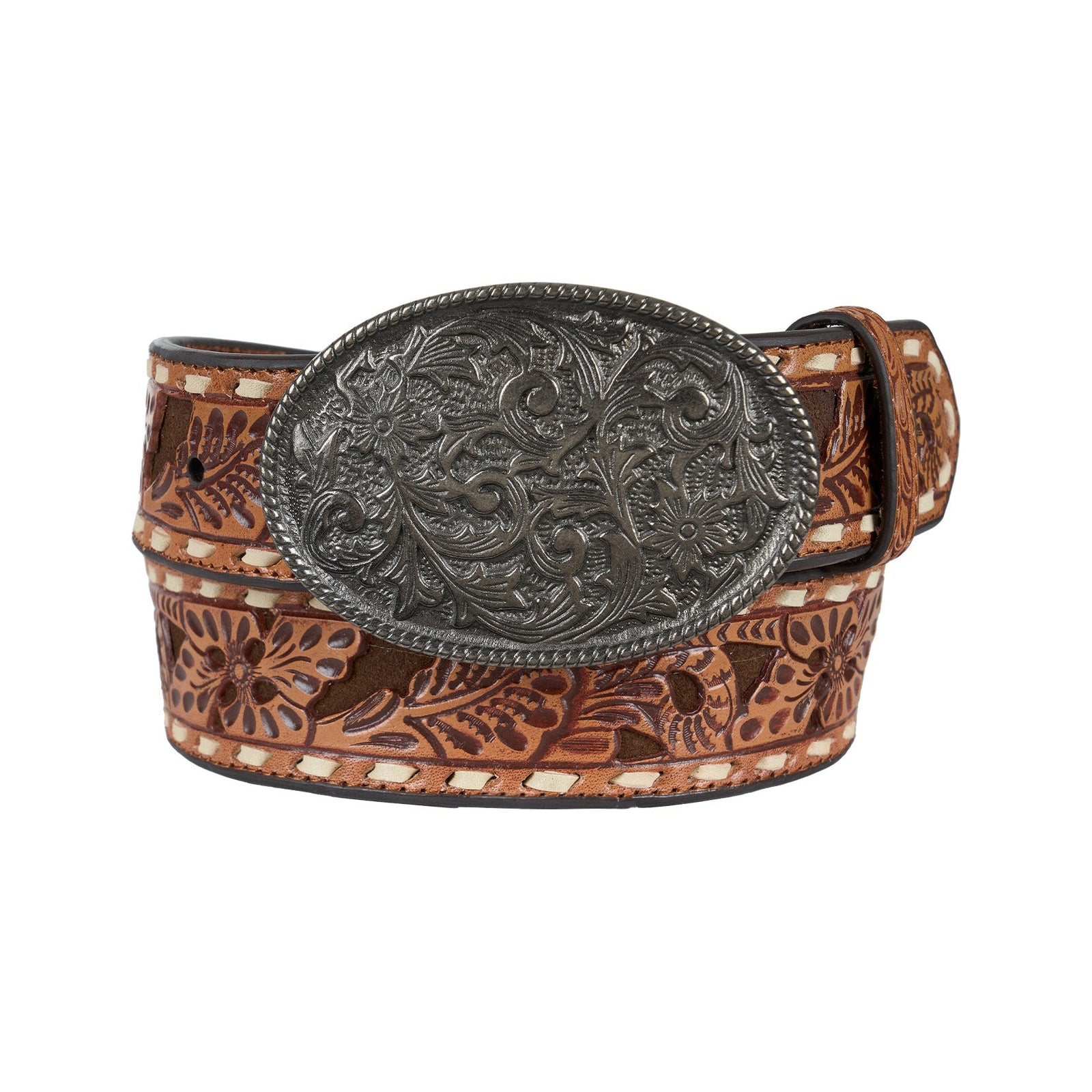 Brown leather belt with intricate design and large decorative buckle on a white background