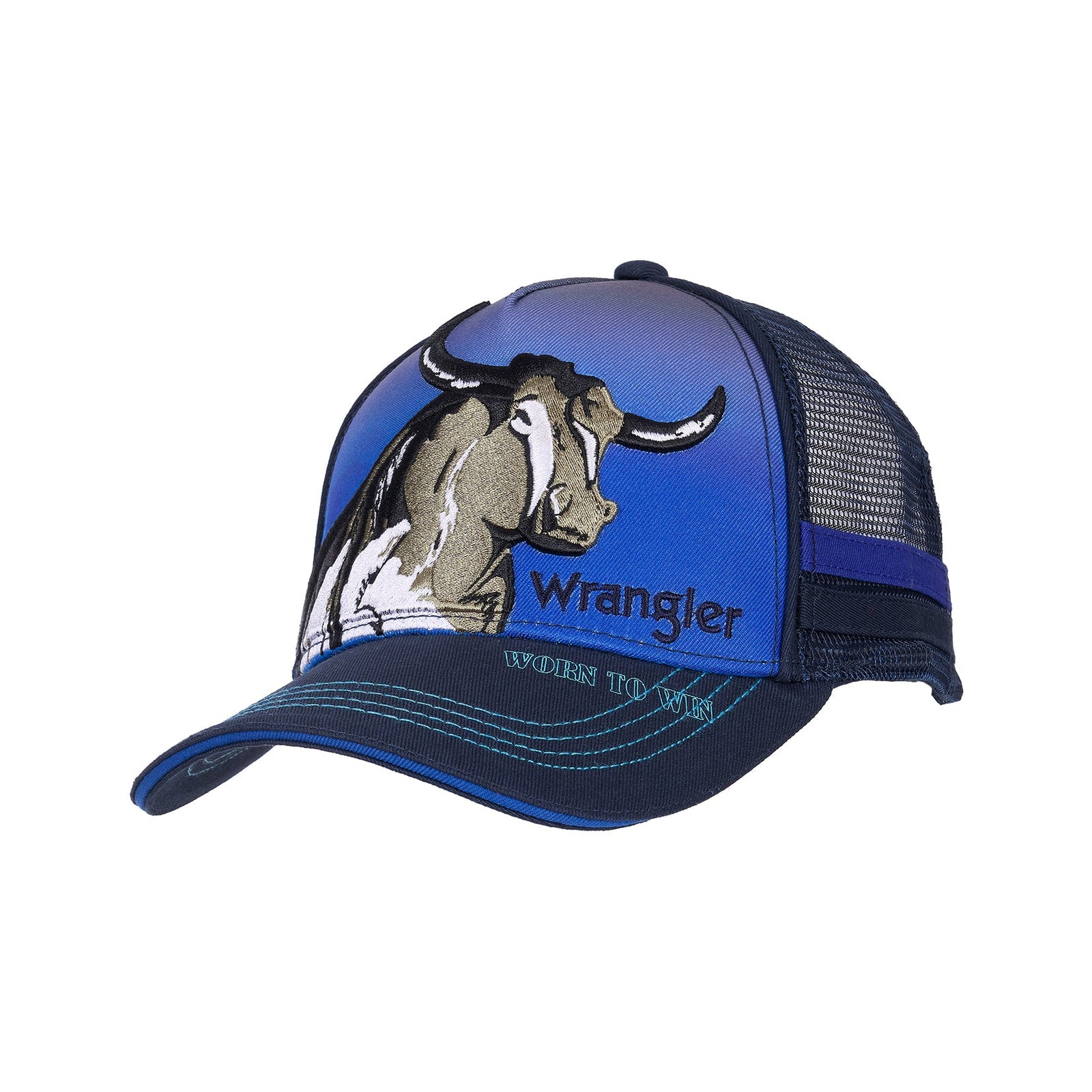 Blue cap with cow design and Wrangler branding on a white background