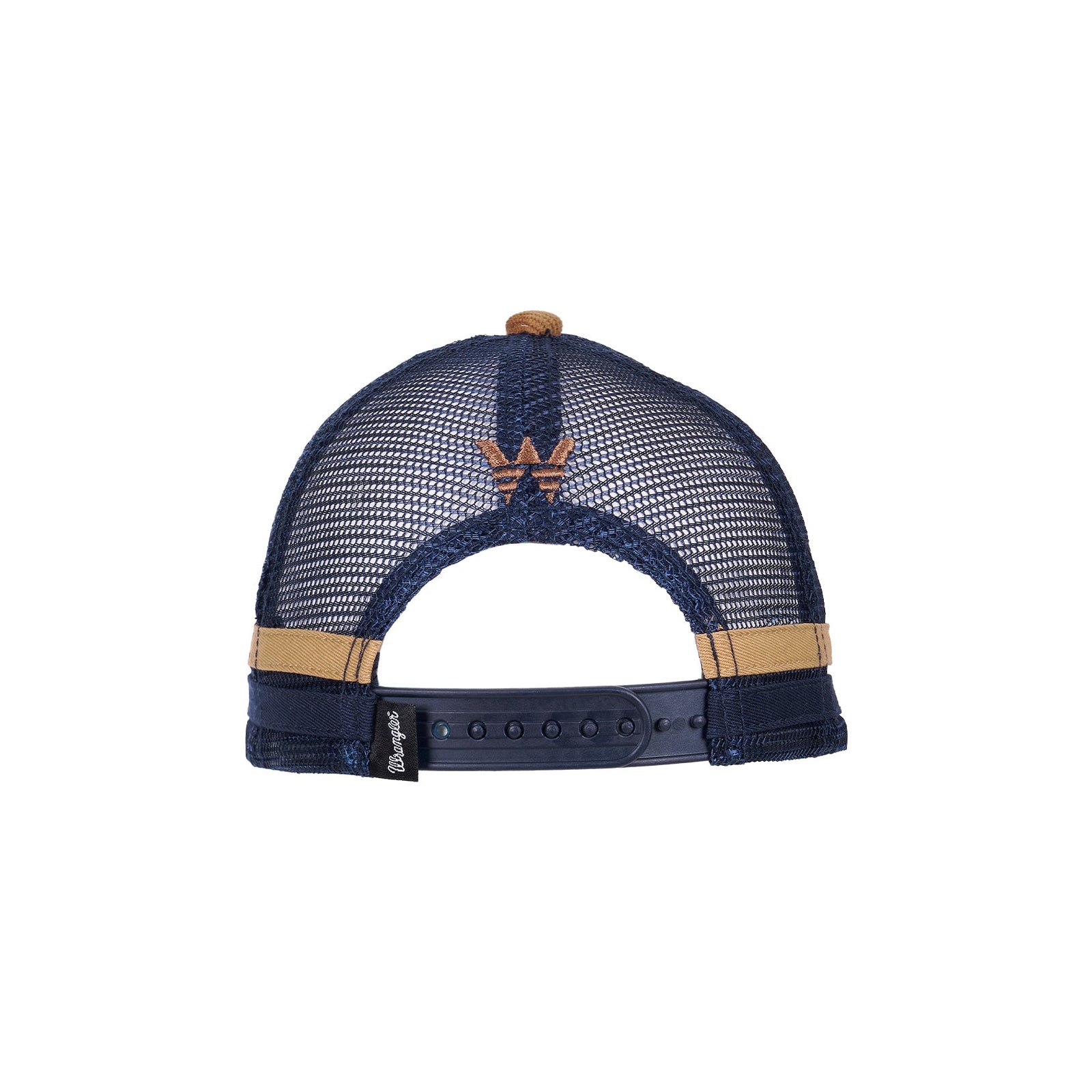 Navy blue and beige cap with mesh back on a white background
