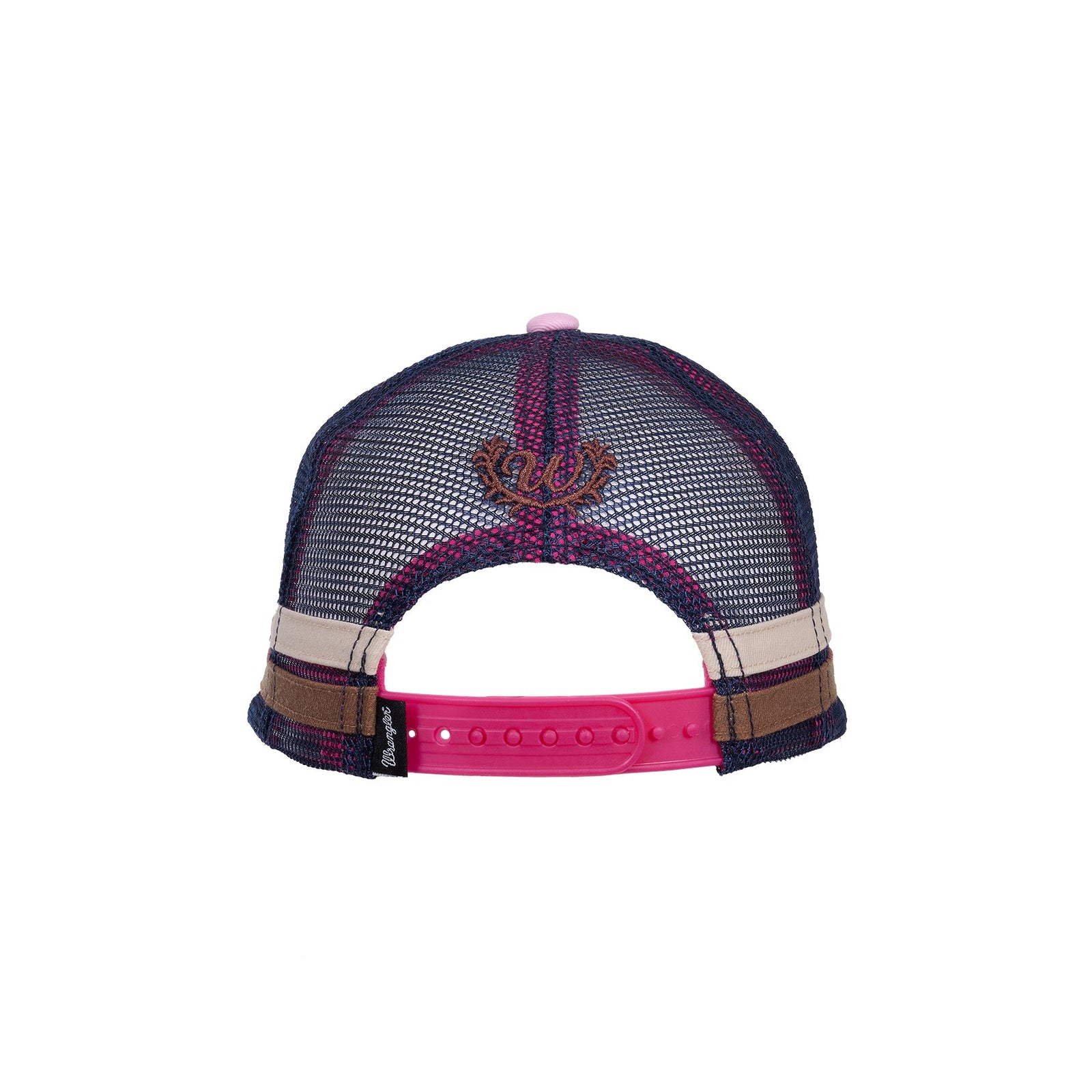 Back view of a cap with mesh design and colorful brim on a white background