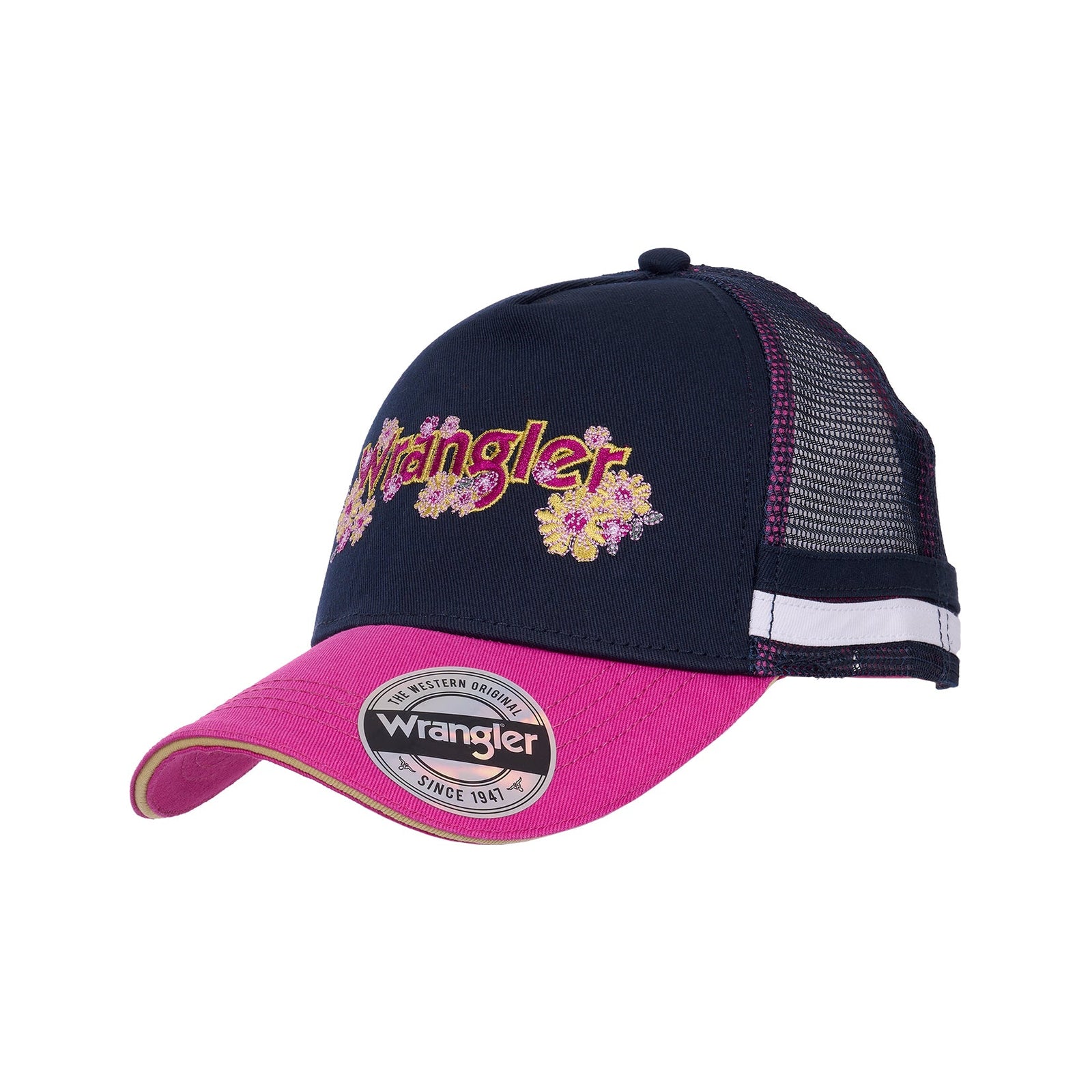 Navy and pink cap with 'Wrangler' logo on a white background