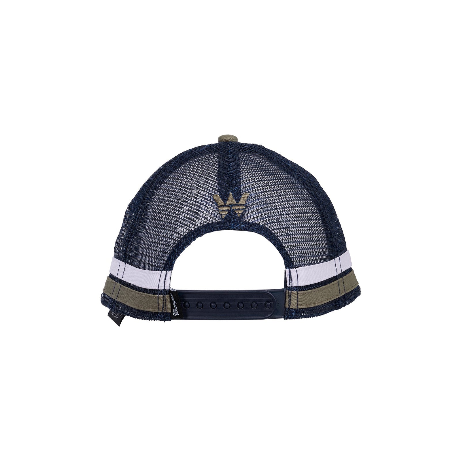 Navy blue mesh cap with reflective stripes on a white background