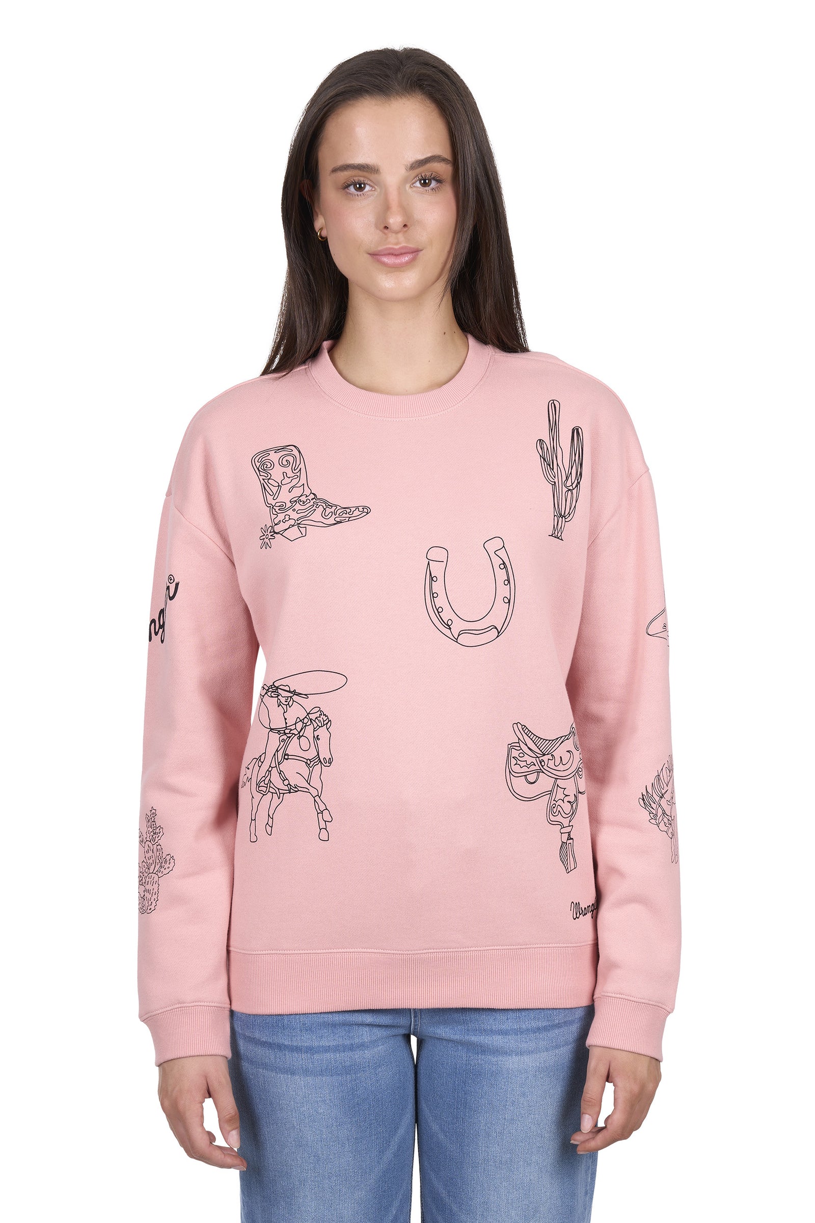 Person wearing a pink sweatshirt with various designs on a white background