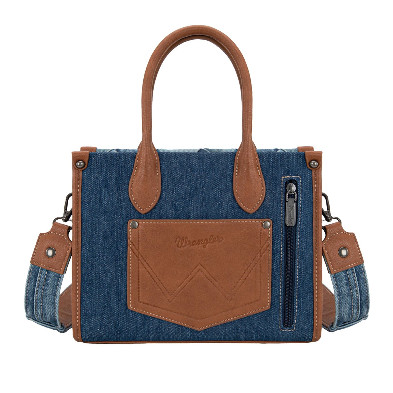 Blue denim handbag with brown leather accents on a white background