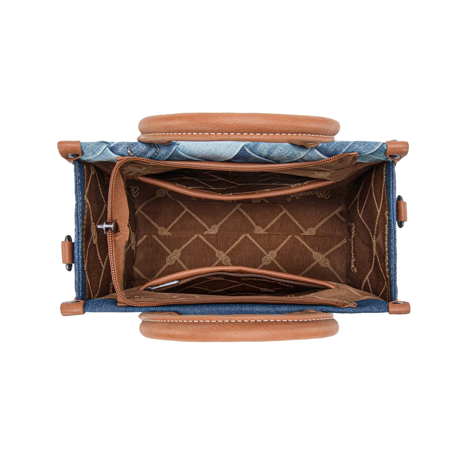 Open handbag showing interior with blue and brown design on a white background