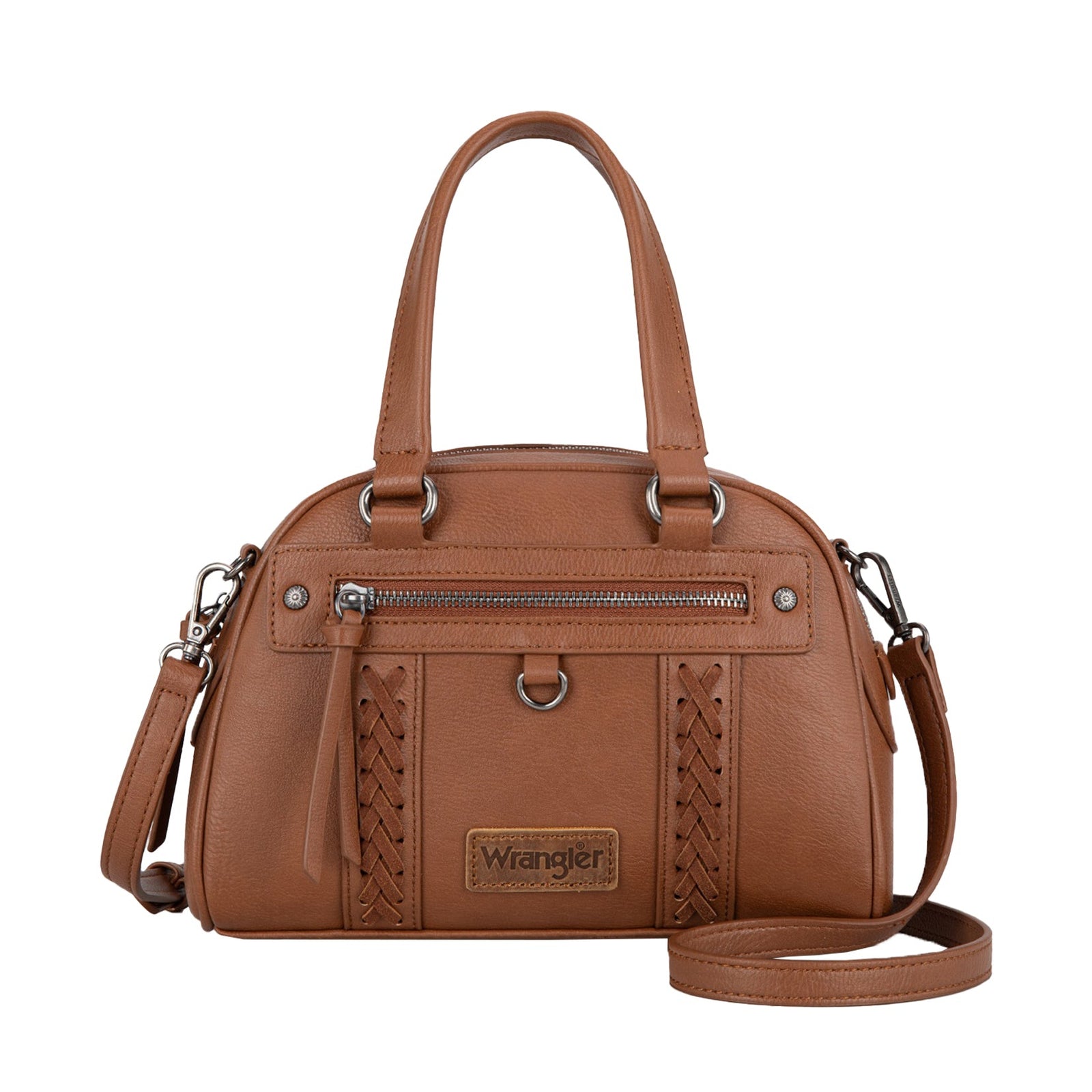 Brown handbag with a strap on a white background