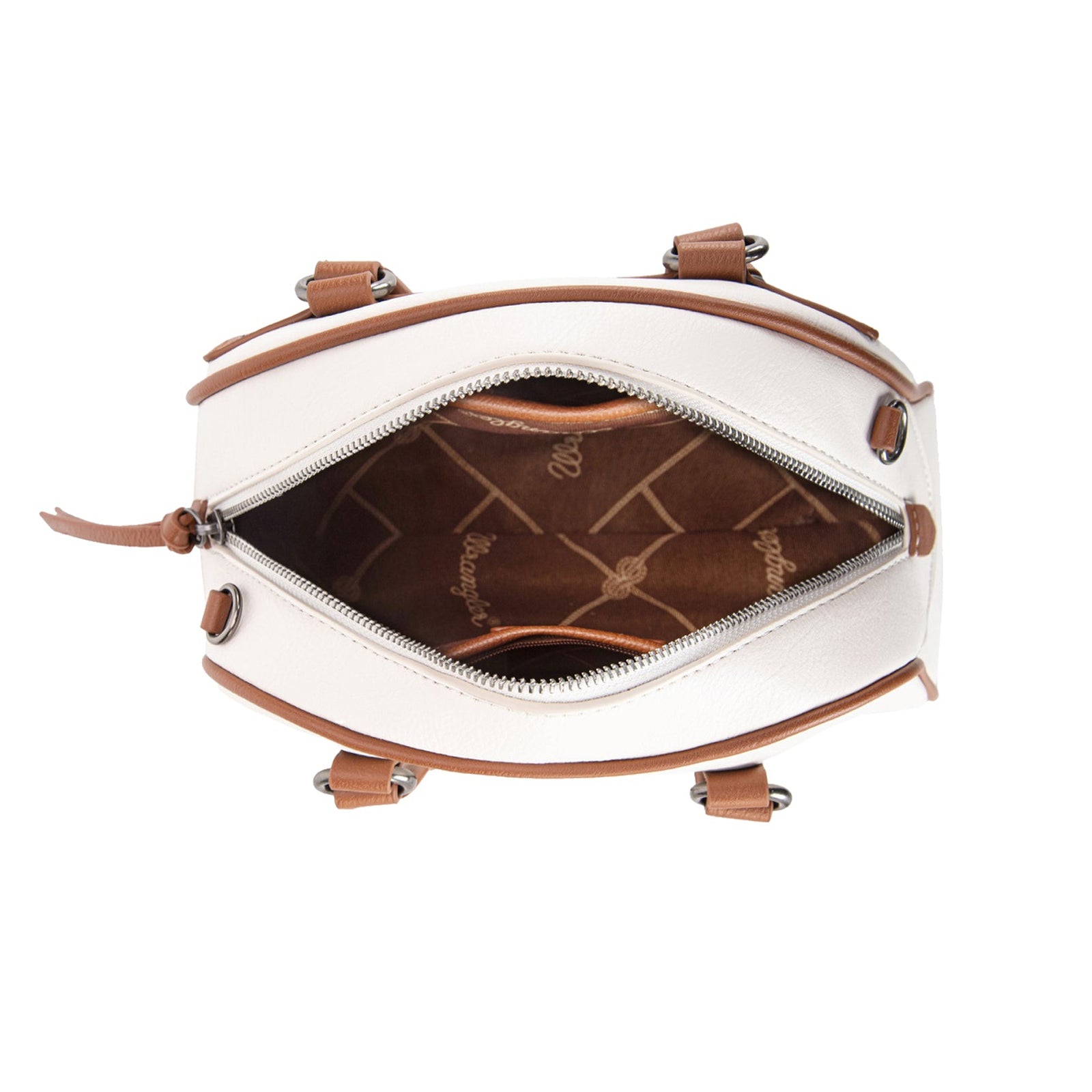 White handbag with brown accents on a white background