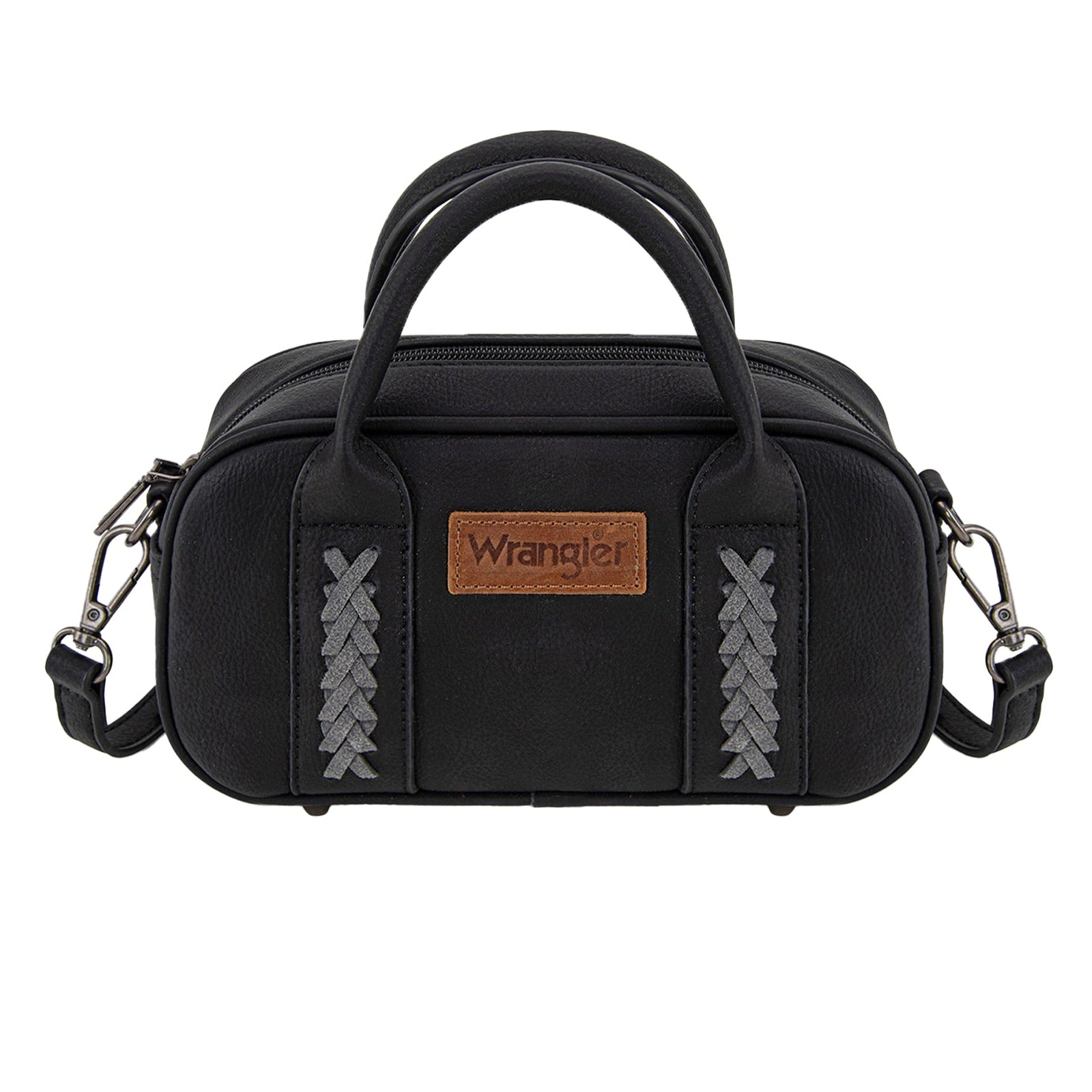 Black handbag with braided straps and 'Wrangler' logo on a white background